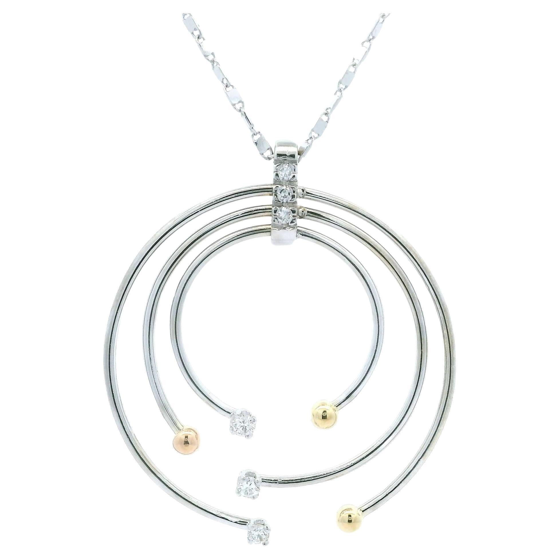 14k Tri Color 0.20ctw Diamond Concentric Artistic Circles Pendant on Fancy Link For Sale