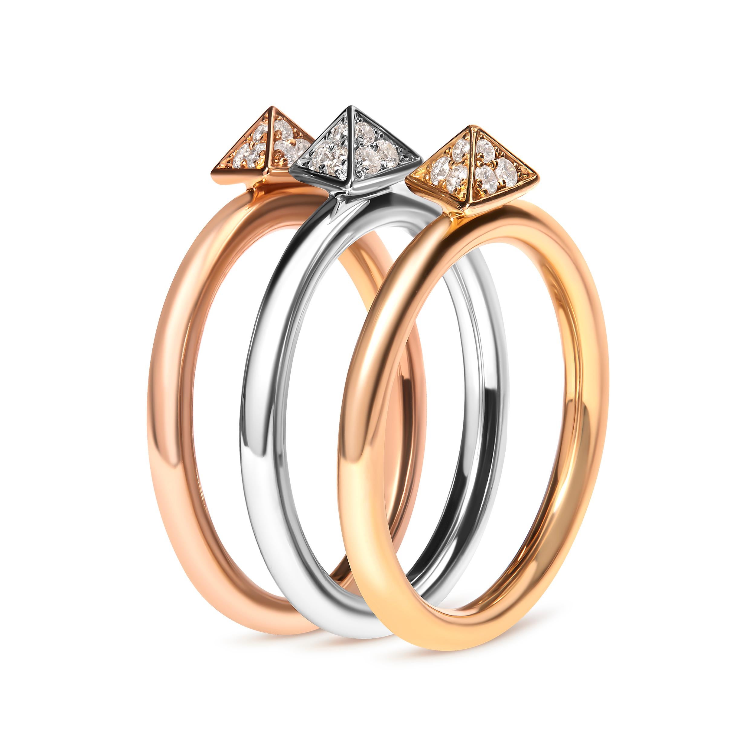 14K Tri Color Gold 1/3 Cttw Diamant Pyramiden-Stapelbarer Ring Set (Moderne) im Angebot