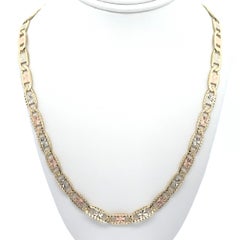 14k Tri Color Gold 20" Textured Diamond Cut Flat Mariner Link Chain Necklace