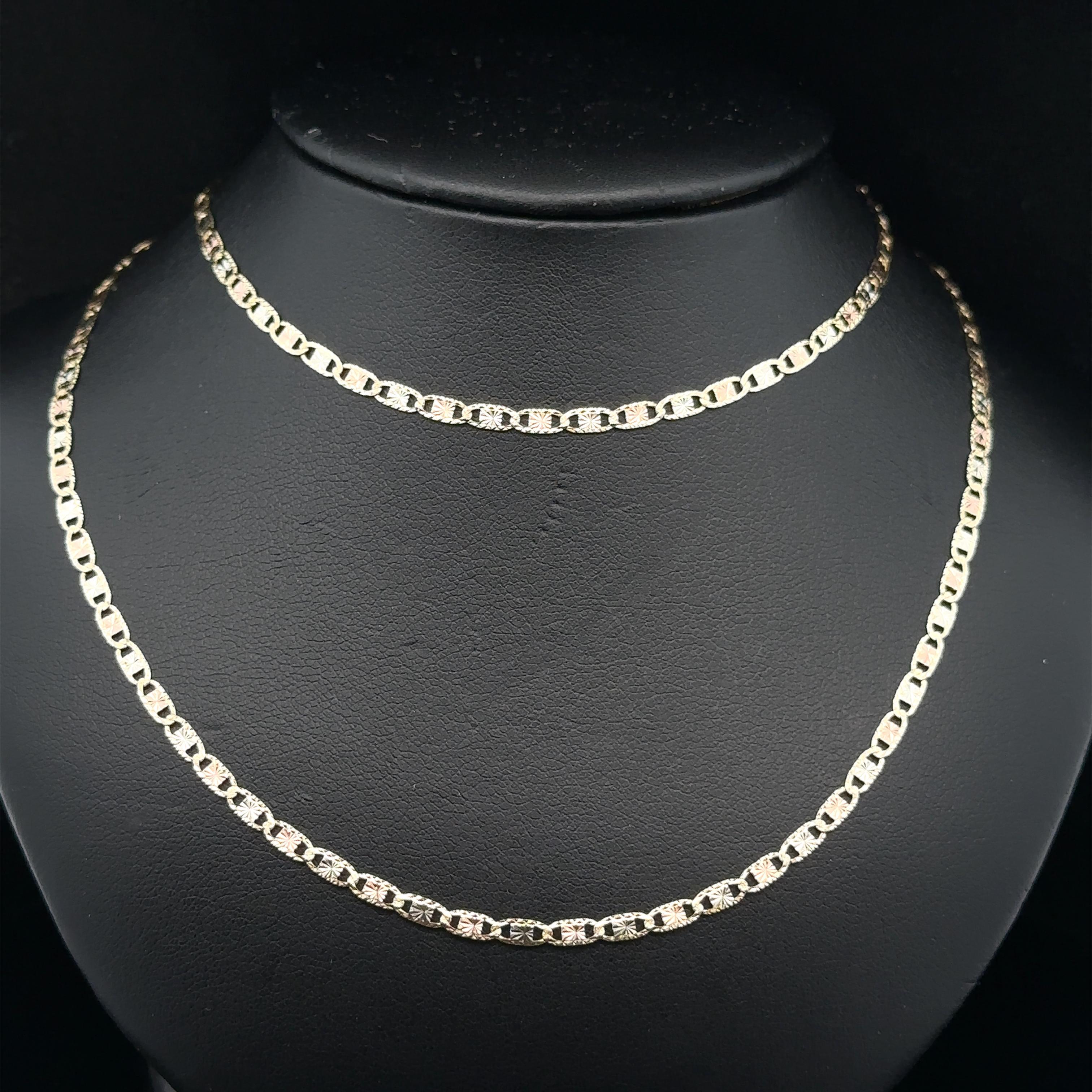 Material: Solid 14k Yellow, Rose & White Gold
Weight: 5.8 Grams 
Type: 0.5mm Diamond Cut Etched Flat Mariner Link
Length: 24