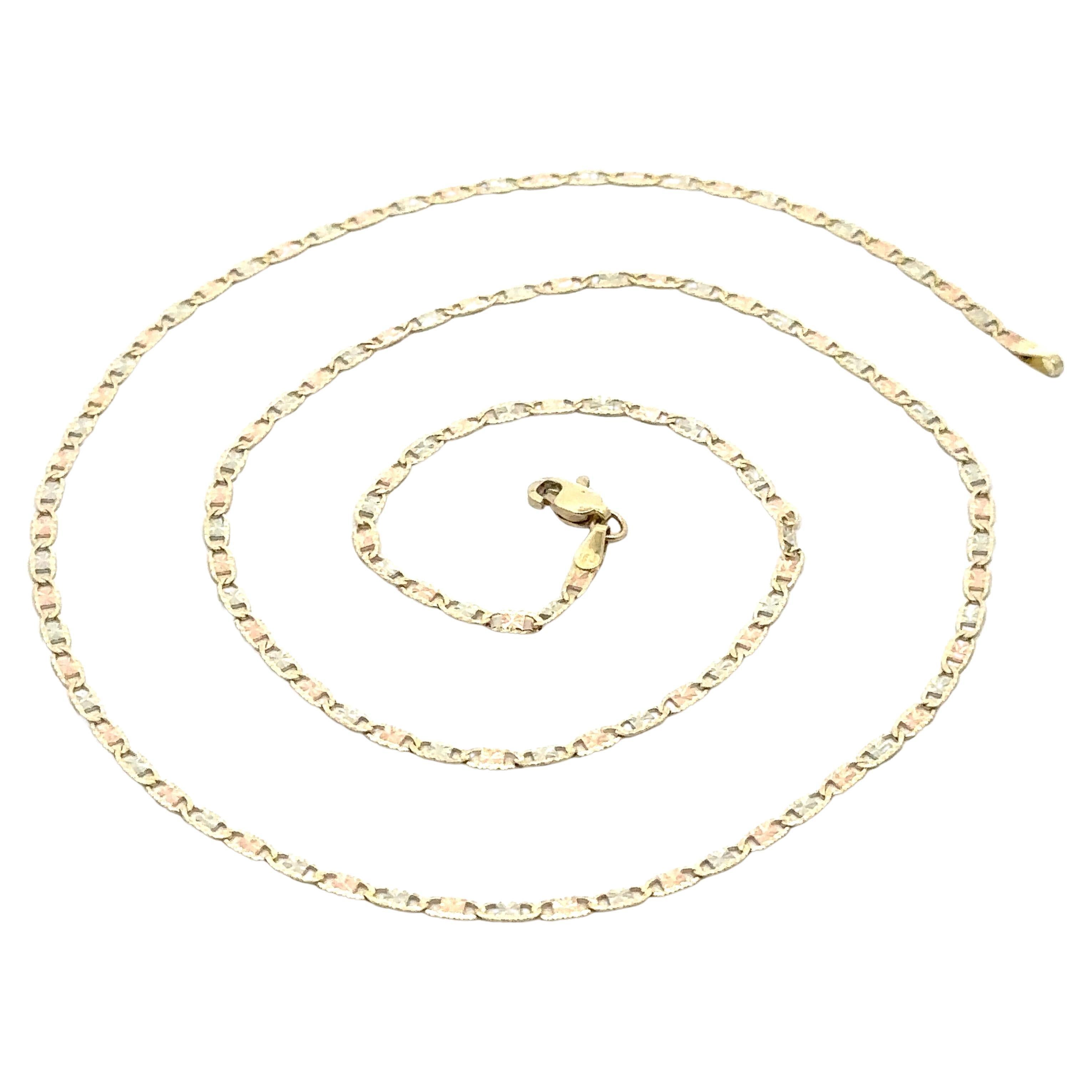 14k Tri Color Gold 24" Diamond Cut Etched Flat Mariner Link Chain Necklace For Sale
