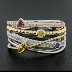 14k Tri Color Gold .60ct Multi Color Sapphire & Diamond Crossover Wide Band Ring