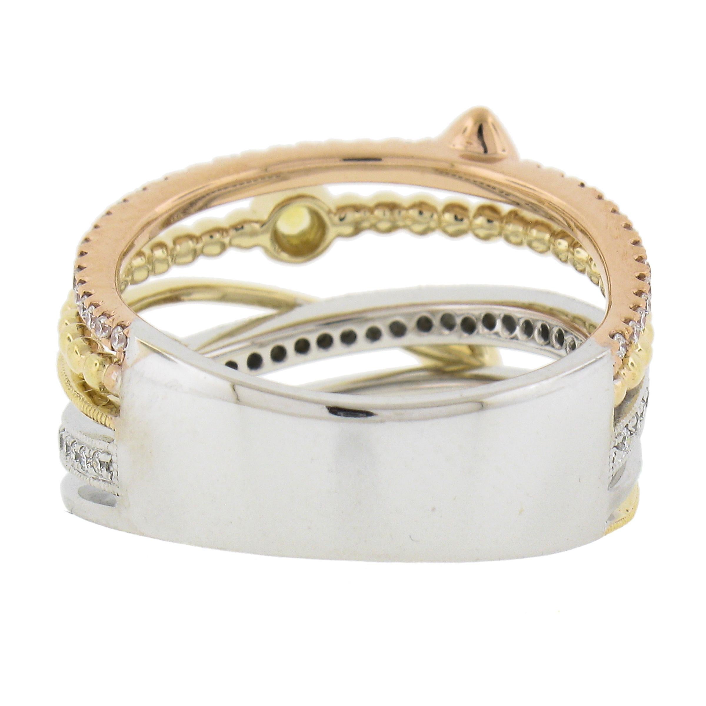 14k Tri Color Gold .60ct Multi Color Sapphire & Diamond Crossover Wide Band Ring For Sale 1