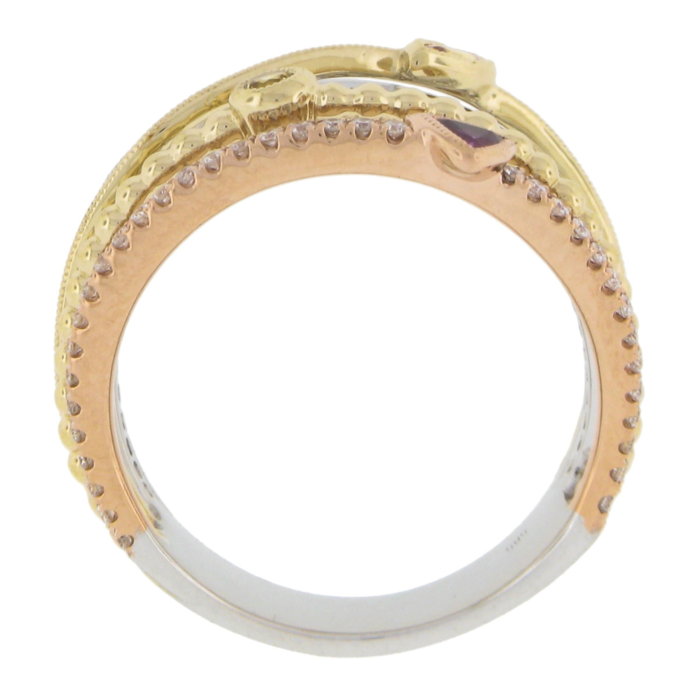 14k Tri Color Gold .60ct Multi Color Sapphire & Diamond Crossover Wide Band Ring For Sale 2