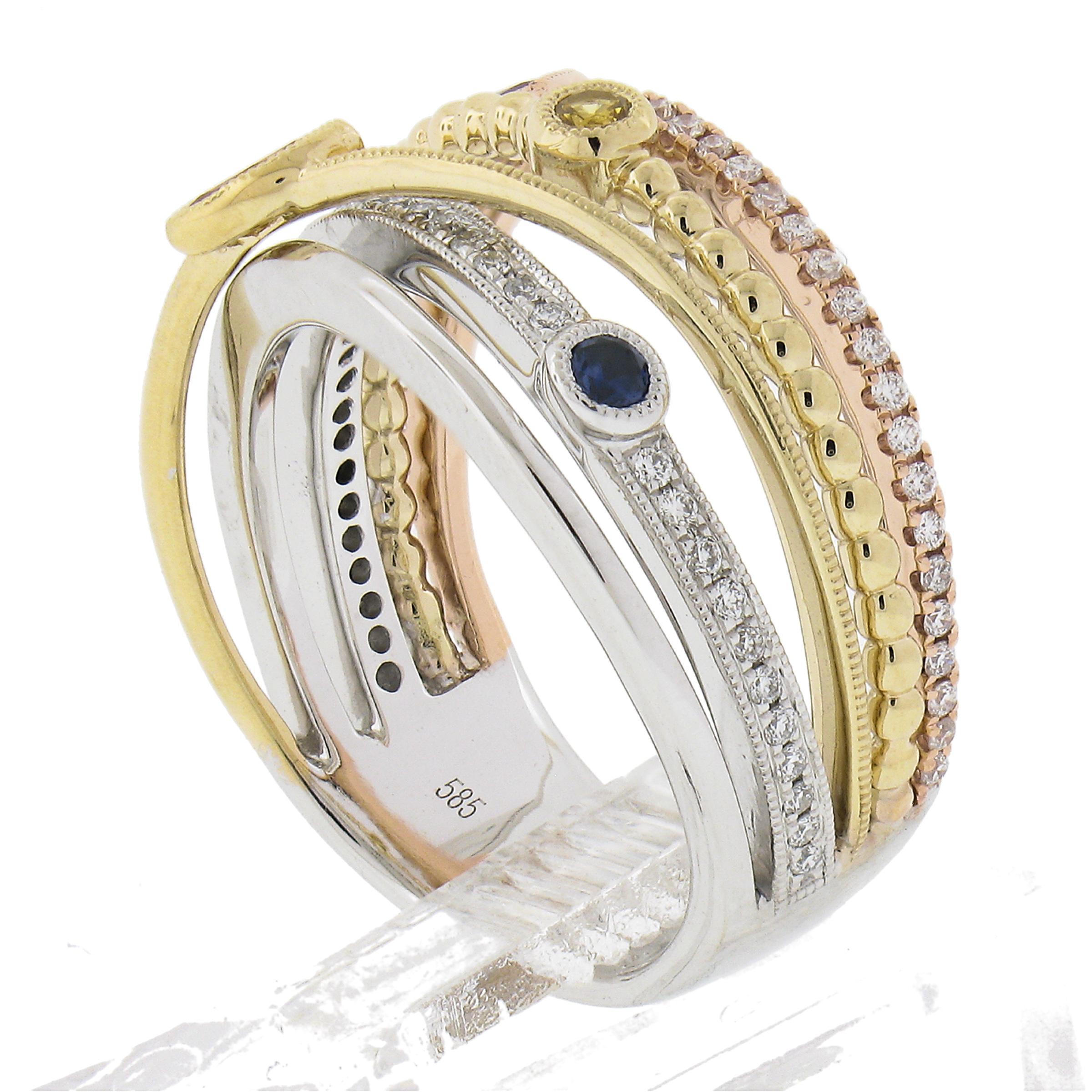 14k Tri Color Gold .60ct Multi Color Sapphire & Diamond Crossover Wide Band Ring For Sale 3