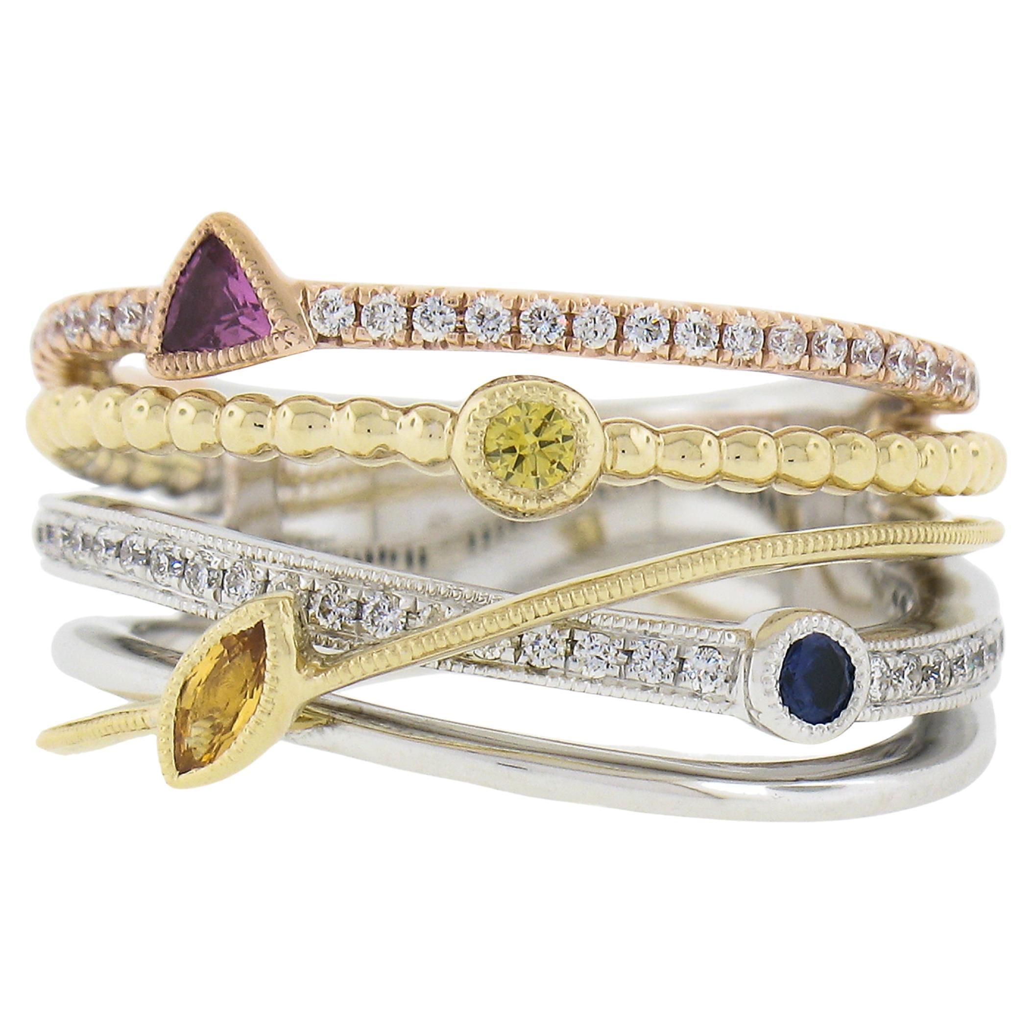 14k Tri Color Gold .60ct Multi Color Sapphire & Diamond Crossover Wide Band Ring For Sale