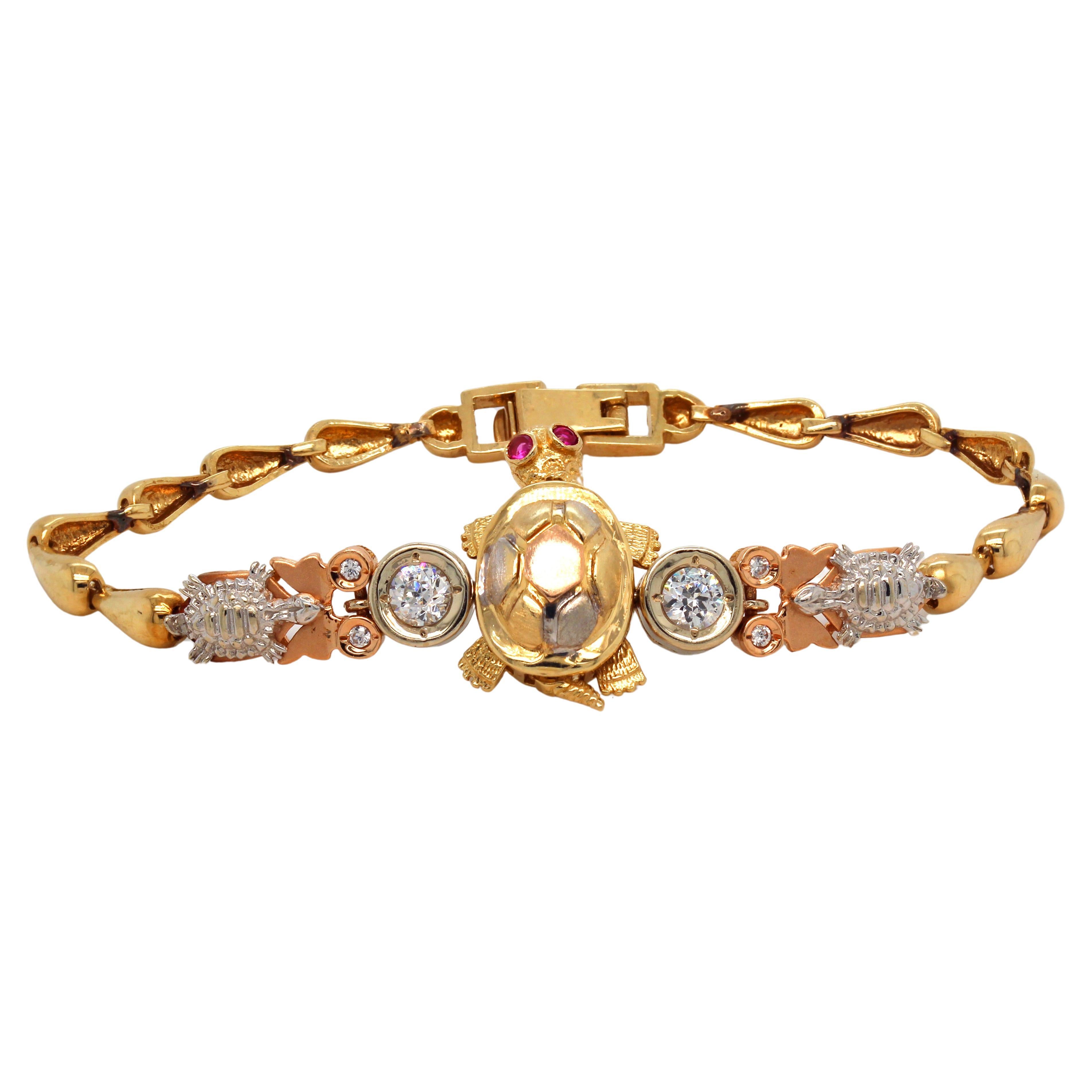 14K Tri Color Gold Diamonds Ruby Turtle Bracelet