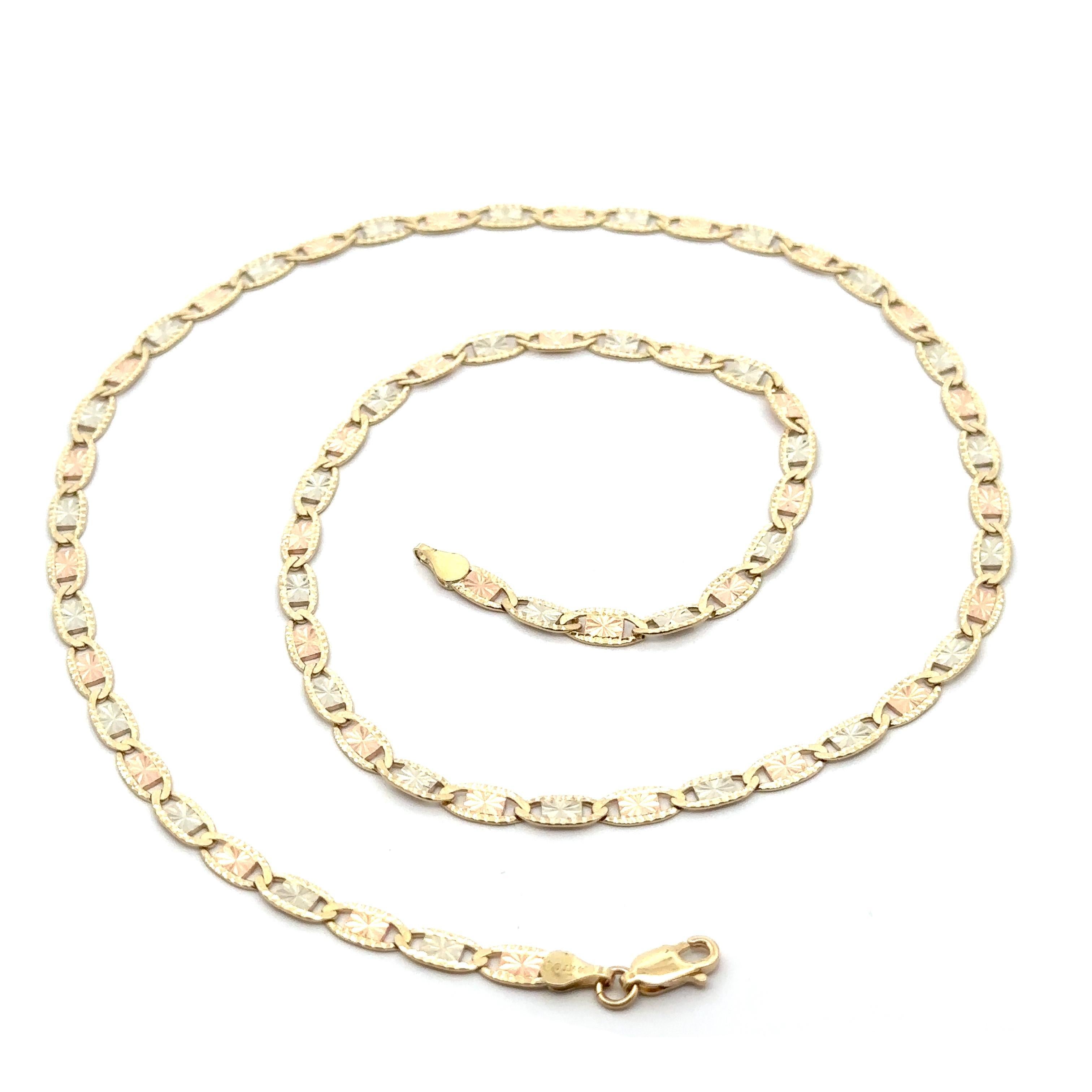 MATERIAL : Or jaune, rose et blanc 14k massif
Poids : 11,8 grammes 
Type : 0.6mm Diamond Cut Flat Hand Etched Marin Link
Longueur : 21.5