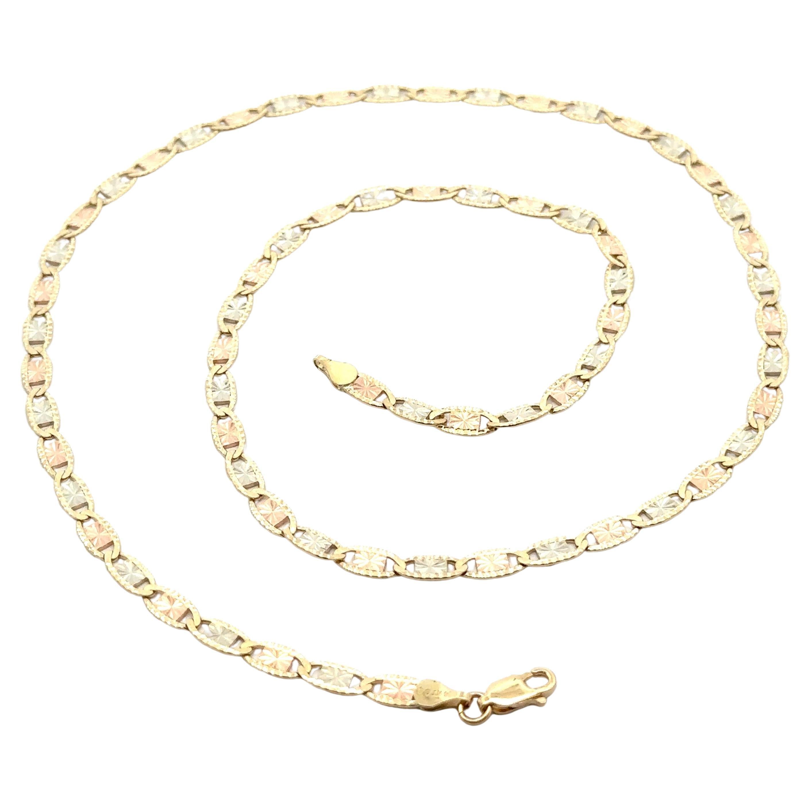 14k Tri Color Gold Flat Hand Etched Diamond Cut Mariner Link Chain Necklace