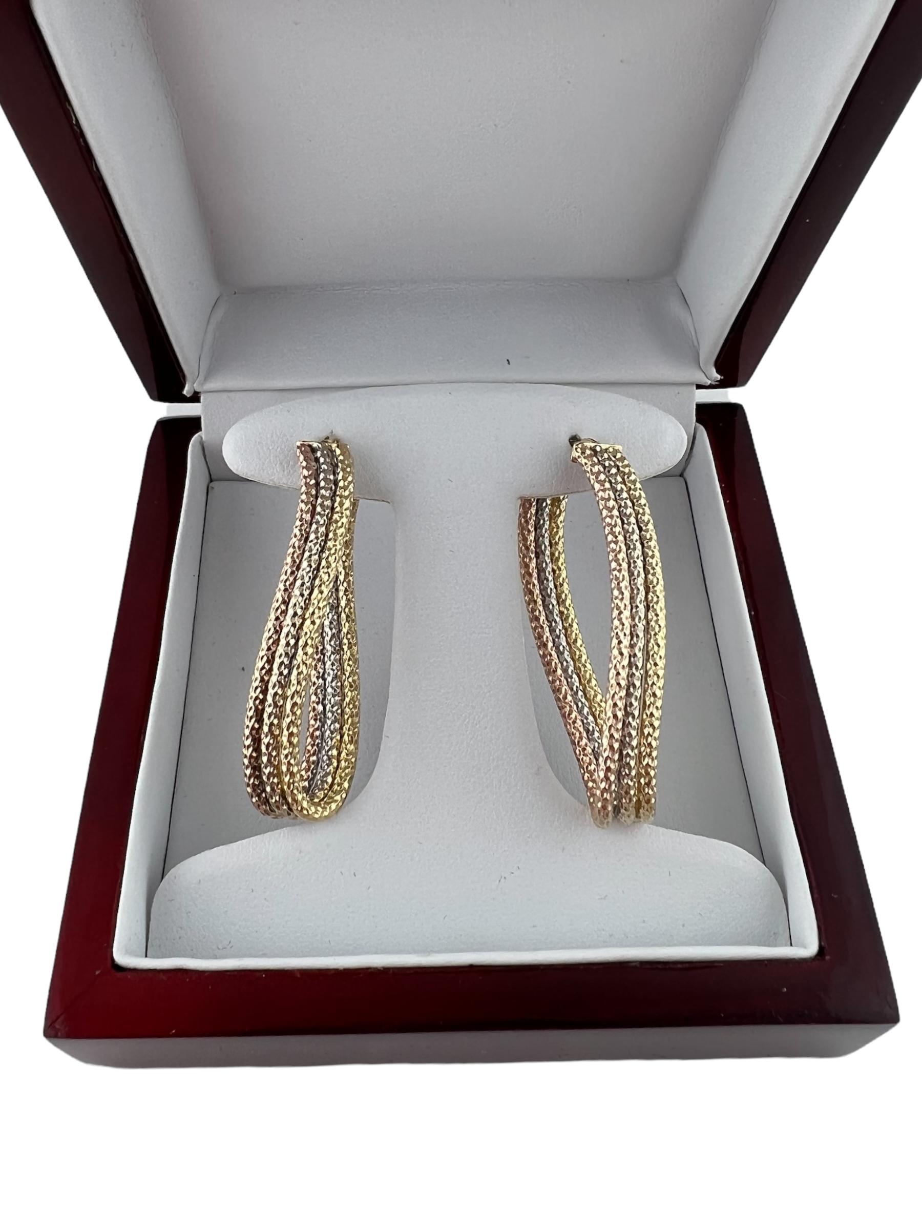 Women's or Men's 14K Tri Gold 3 Tone Twist Hoop Earrings For Sale