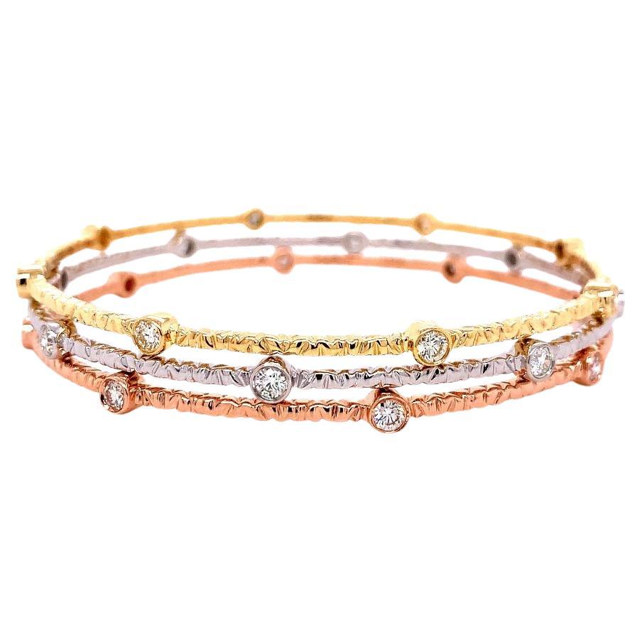 14k Tri Gold White, Yellow, and Rose Gold Round Cut Diamond Stackable Bangles