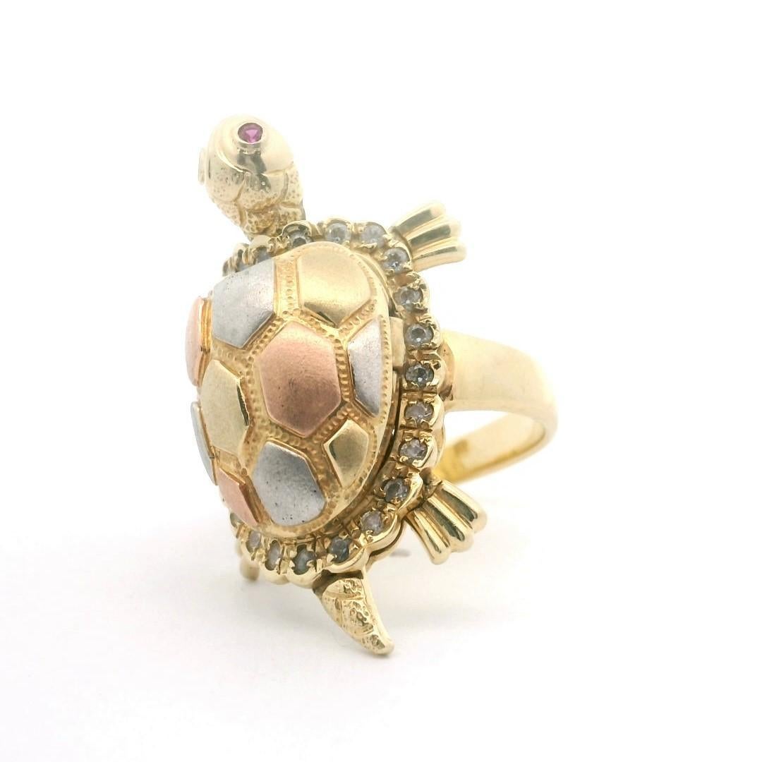 Round Cut 14k Tri Tone Gold 11.6g Pink Sapphire and CZ Turtle Ring Size 6.75