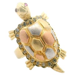 14k Tri Tone Gold 11.6g Pink Sapphire and CZ Turtle Ring Size 6.75