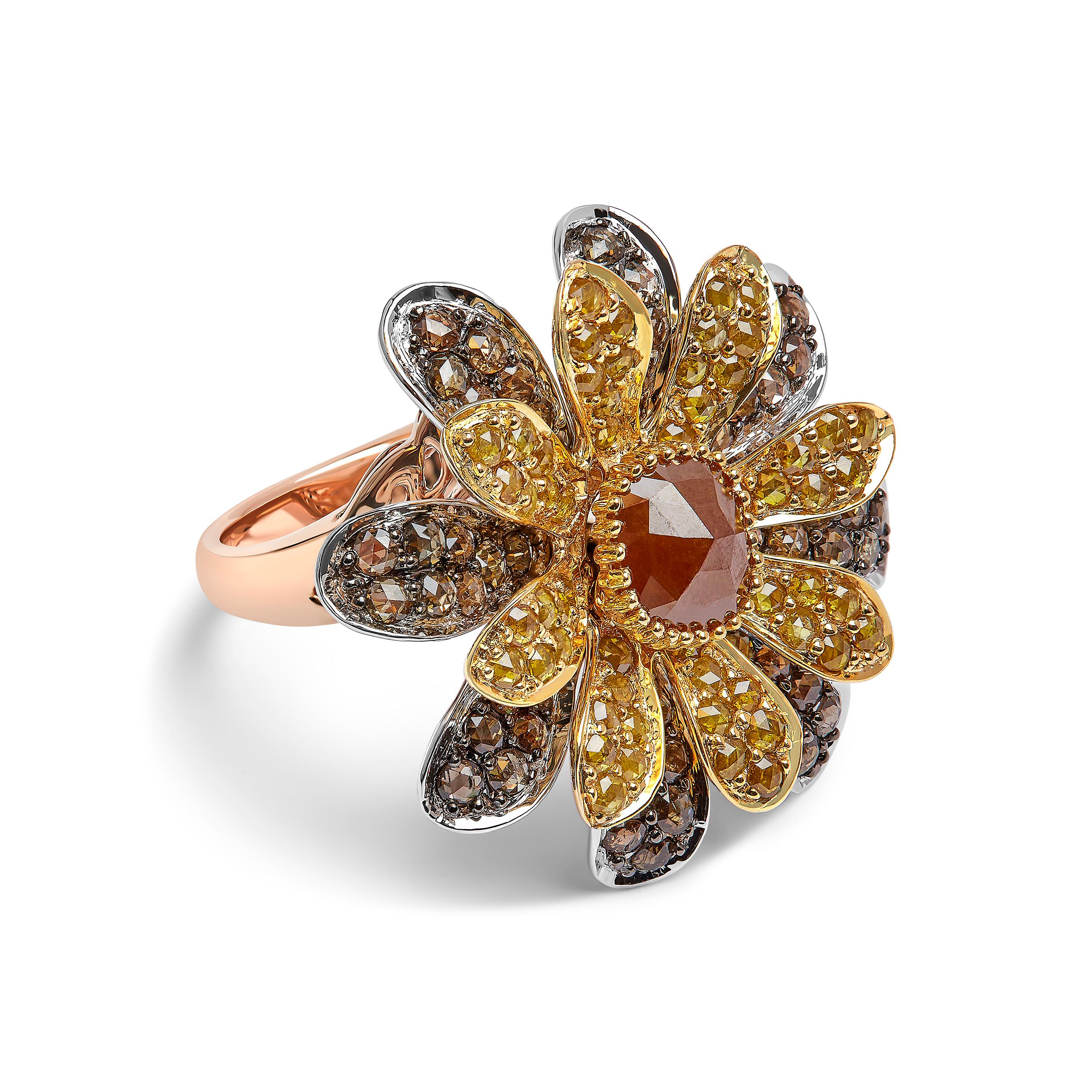 Introducing a mesmerizing masterpiece, this 14K Tri-Toned Cocktail Ring is a symbol of elegance and grace. Crafted with love and care, this ring features a dazzling array of 118 natural diamonds, boasting a total weight of 3 7/8 cttw. The exquisite