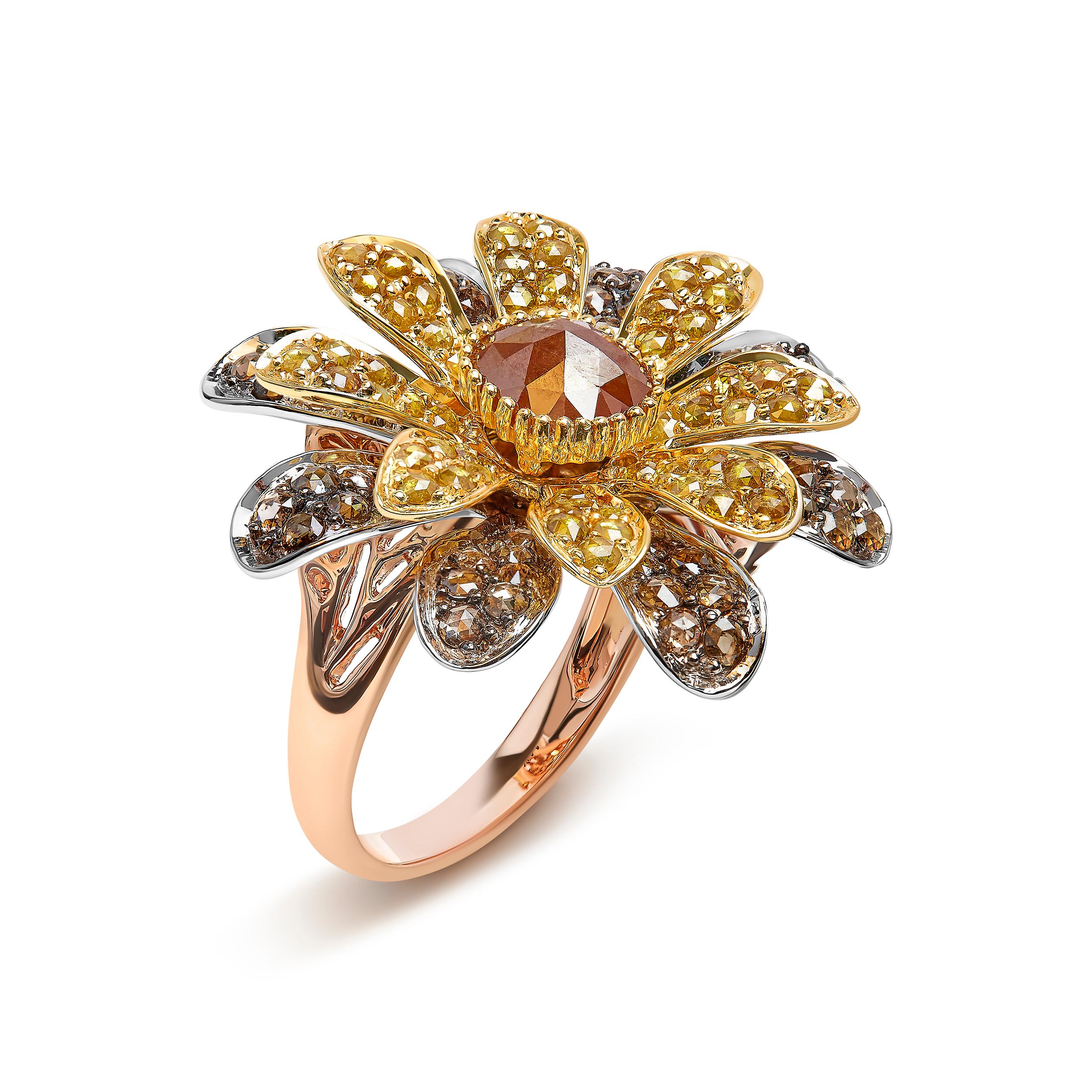 Modern 14K Tri-Toned 3 7/8 Carat Diamond Cocktail Double Flower and Petal Cocktail Ring For Sale