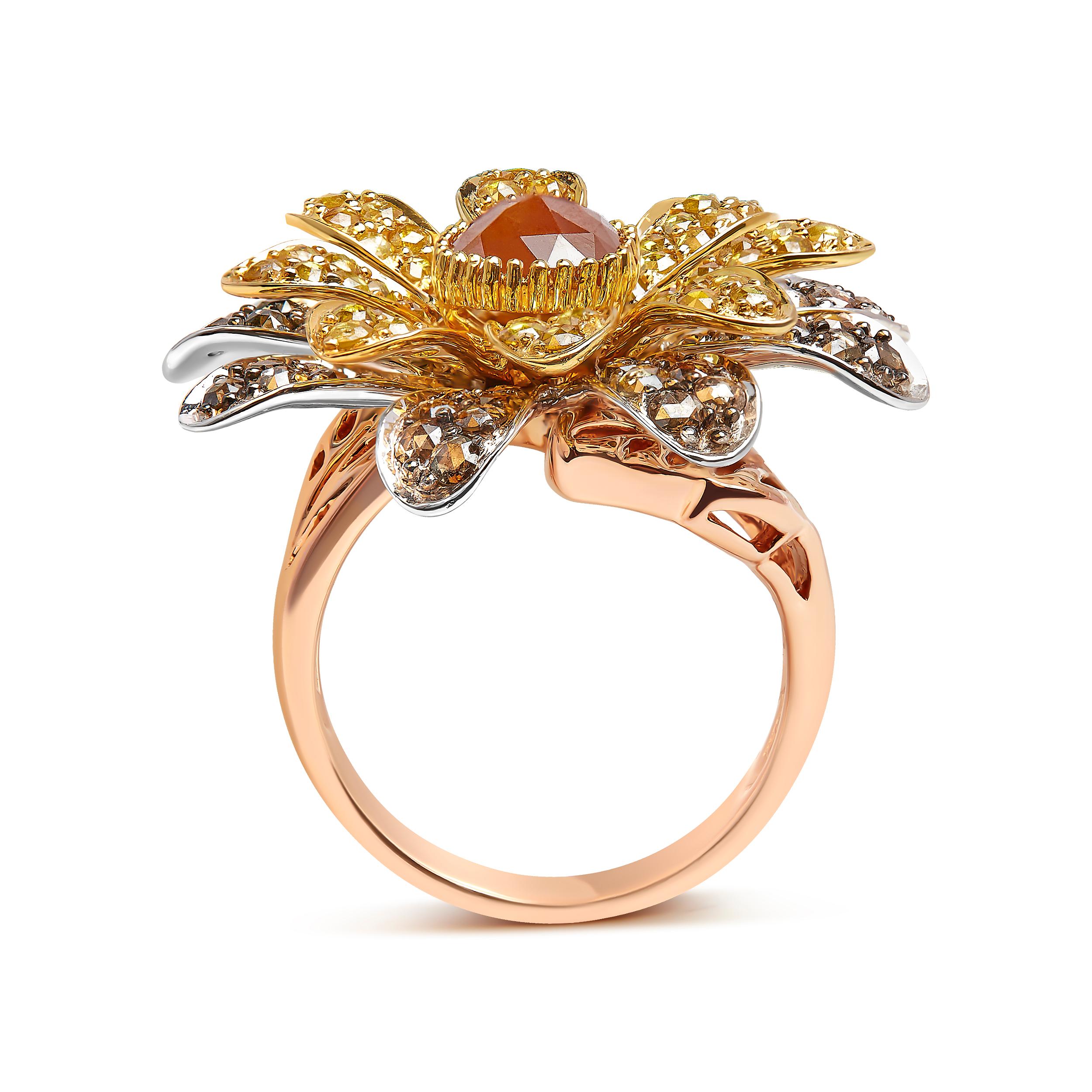 14K Tri-Toned 3 7/8 Carat Diamond Cocktail Double Flower and Petal Cocktail Ring In New Condition For Sale In New York, NY