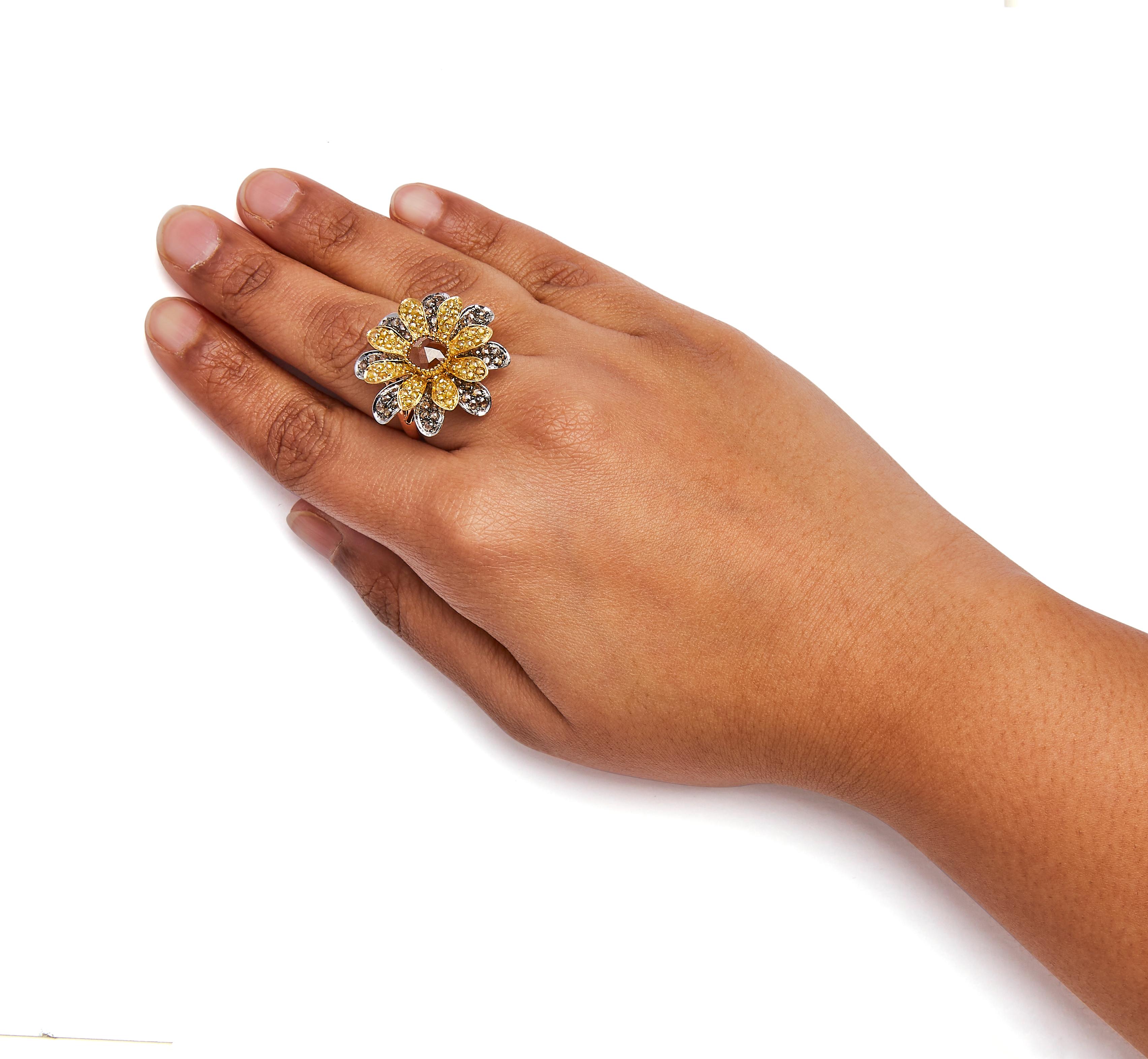 Women's 14K Tri-Toned 3 7/8 Carat Diamond Cocktail Double Flower and Petal Cocktail Ring For Sale