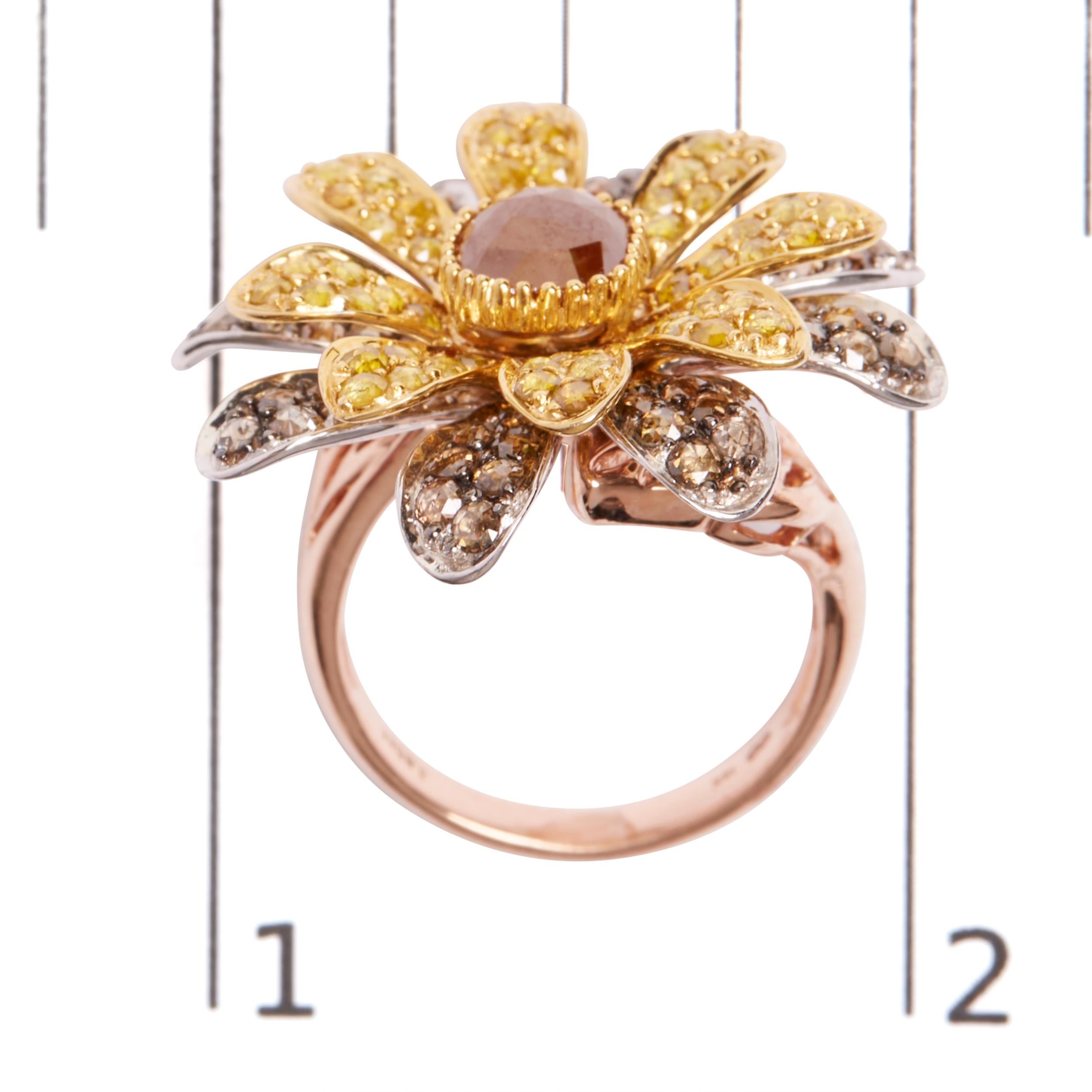 14K Tri-Toned 3 7/8 Carat Diamond Cocktail Double Flower and Petal Cocktail Ring For Sale 1