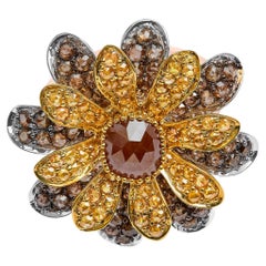 14K Tri-Toned 3 7/8 Carat Diamond Cocktail Double Flower and Petal Cocktail Ring