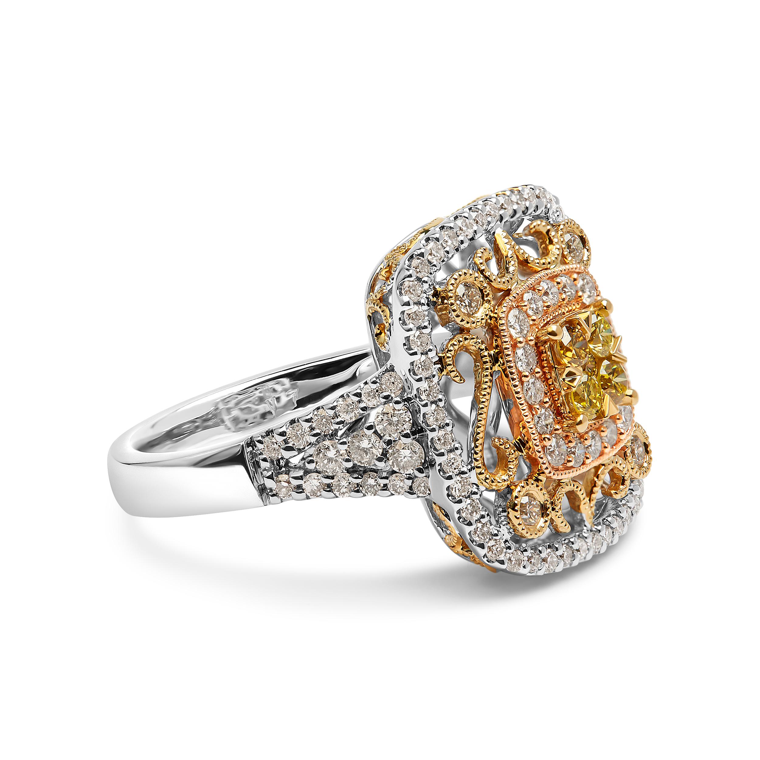Introducing a dazzling masterpiece, this 14K Tri-Toned Gold Cocktail Cluster Ring is a breathtaking piece that will leave you spellbound. Crafted with love from 14K yellow, white, and rose gold, this ring showcases a mesmerizing arrangement of 103