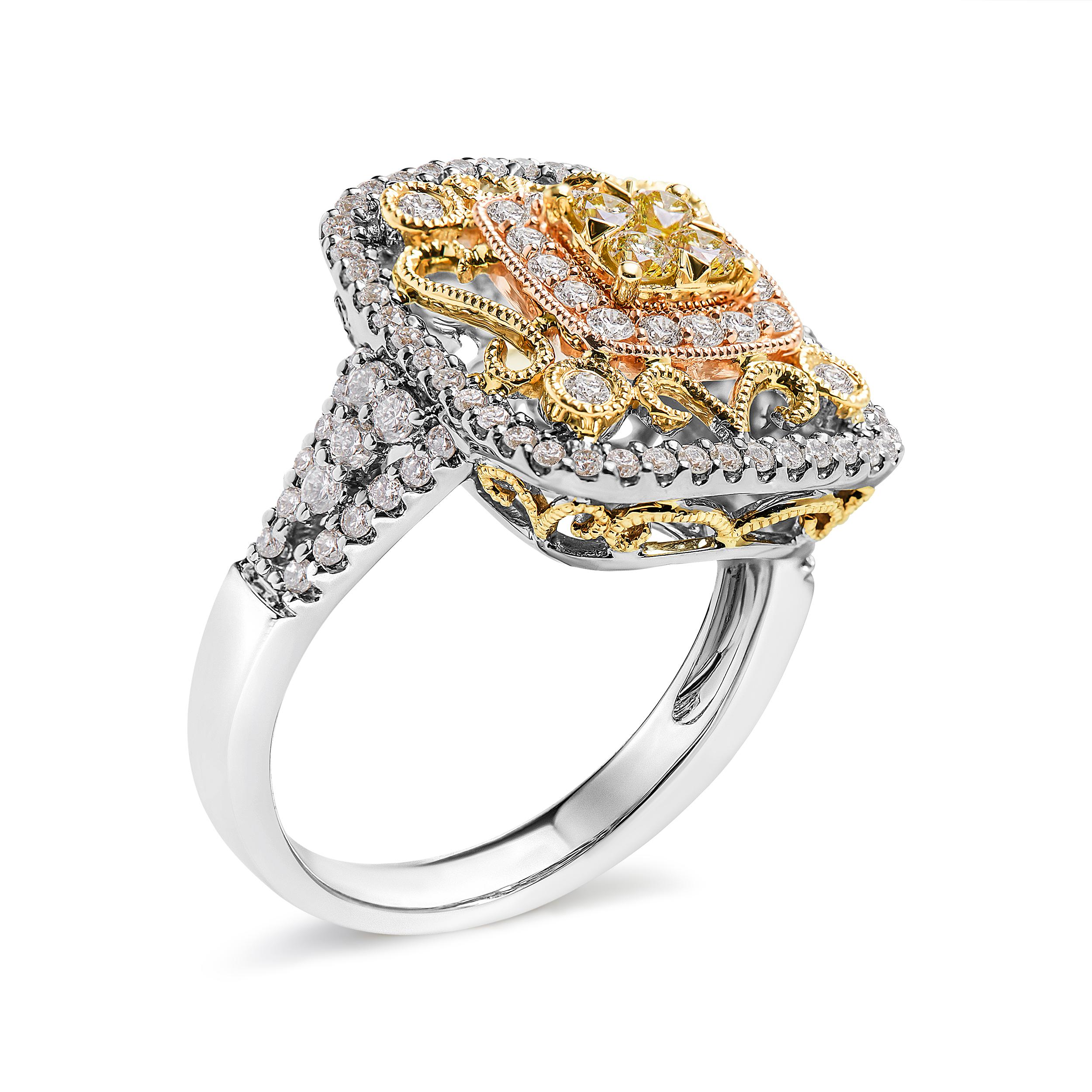 Modern 14K Tri-Toned Gold 1.0 Carat Diamond Halo and Milgrain Cocktail Cluster Ring