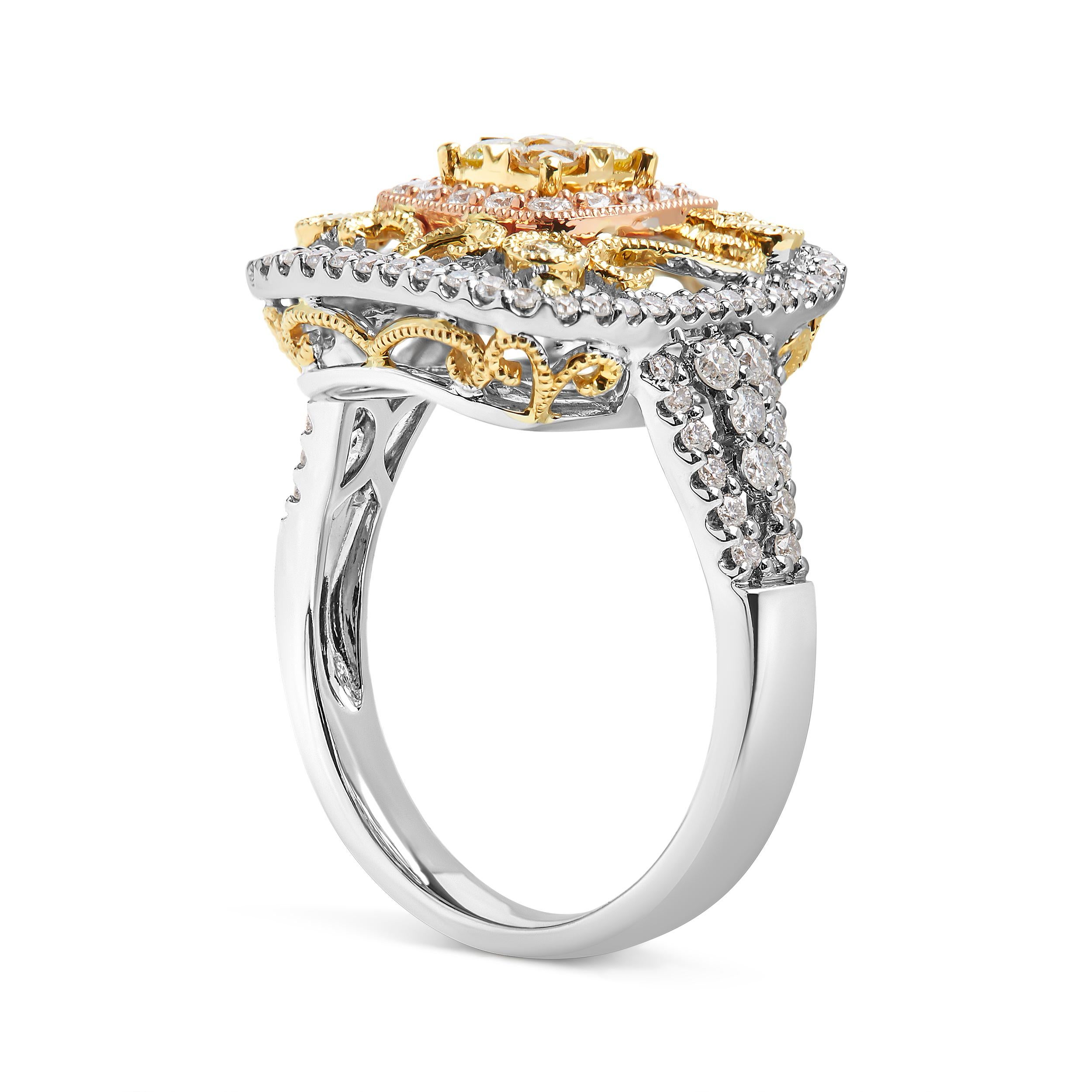 Round Cut 14K Tri-Toned Gold 1.0 Carat Diamond Halo and Milgrain Cocktail Cluster Ring