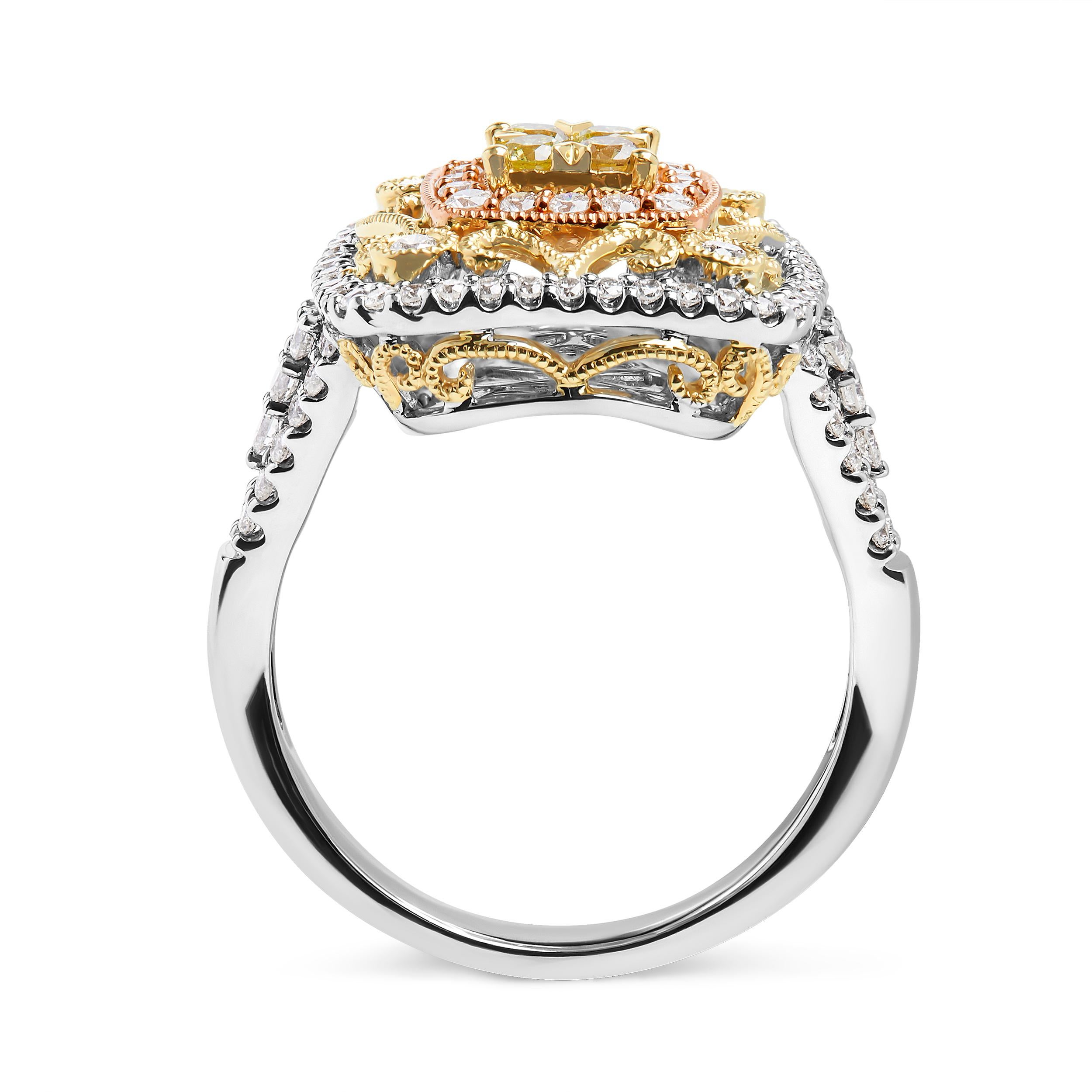 14K Tri-Toned Gold 1.0 Carat Diamond Halo and Milgrain Cocktail Cluster Ring In New Condition In New York, NY