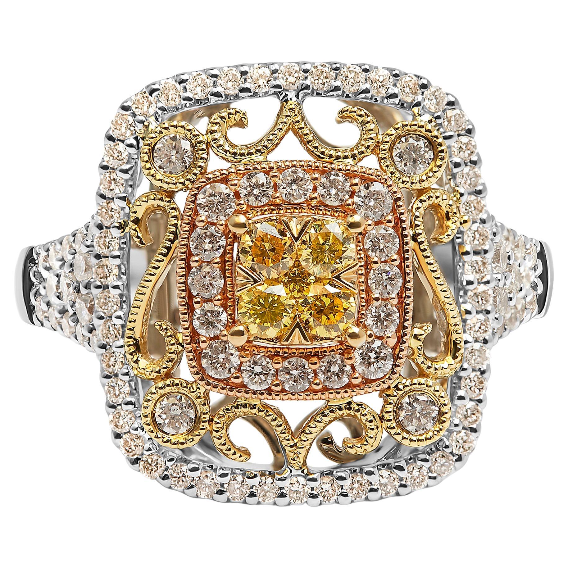 14K Tri-Toned Gold 1.0 Carat Diamond Halo and Milgrain Cocktail Cluster Ring