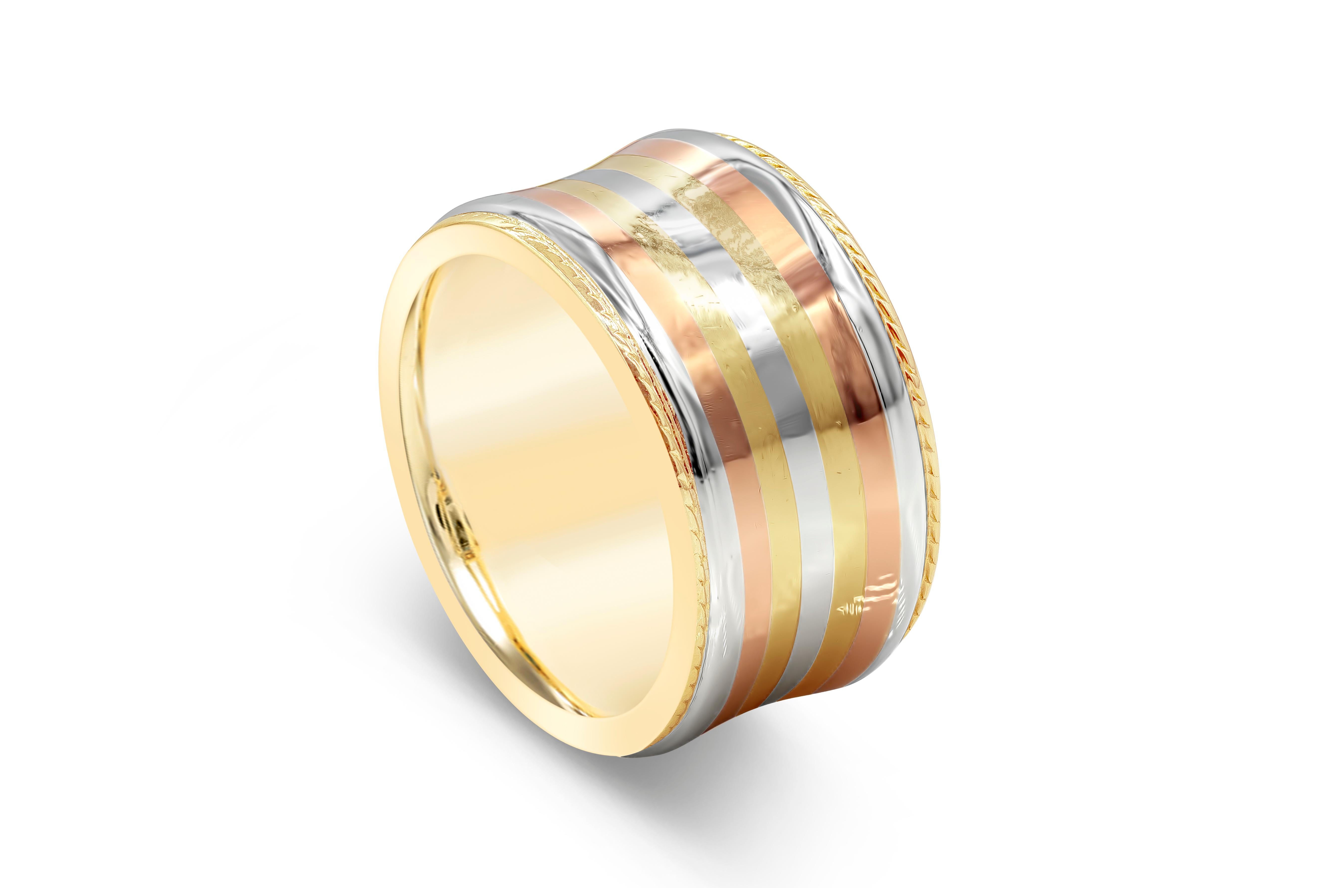 A sleek concave design and wide ring featuring rows of alternating 14k rose, yellow, and white gold. Finished with hand-engraved lines on each side of the ring. 10.25mm wide x 1.90mm wide. Weighs 10.39 grams. Size 5.25 US resizable upon request.

