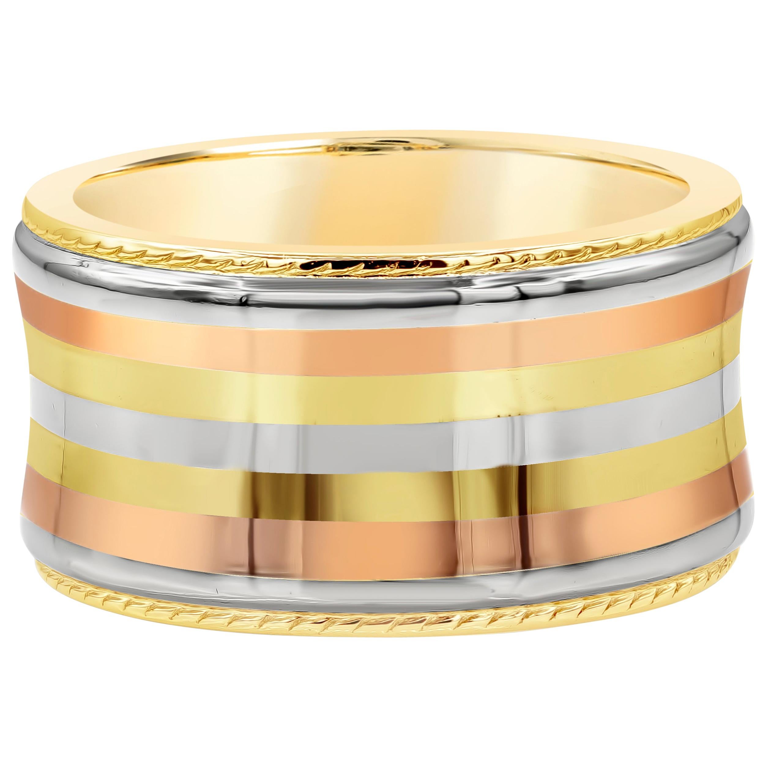 14K Tricolor Gold Wide Concave Plain Wedding Band Ring For Sale