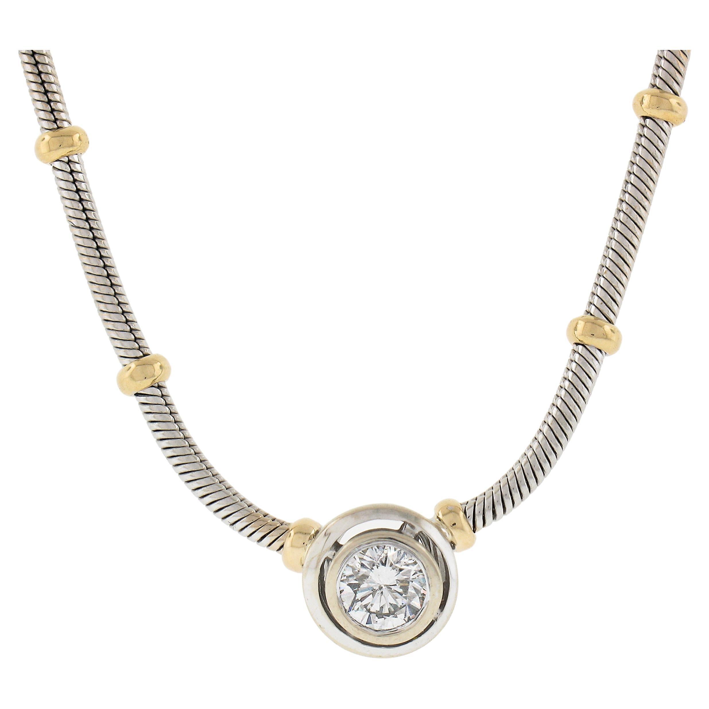 14k TT Gold 0.30ct Round Bezel Diamond Solitaire Pendant on 16" Snake Bead Link For Sale