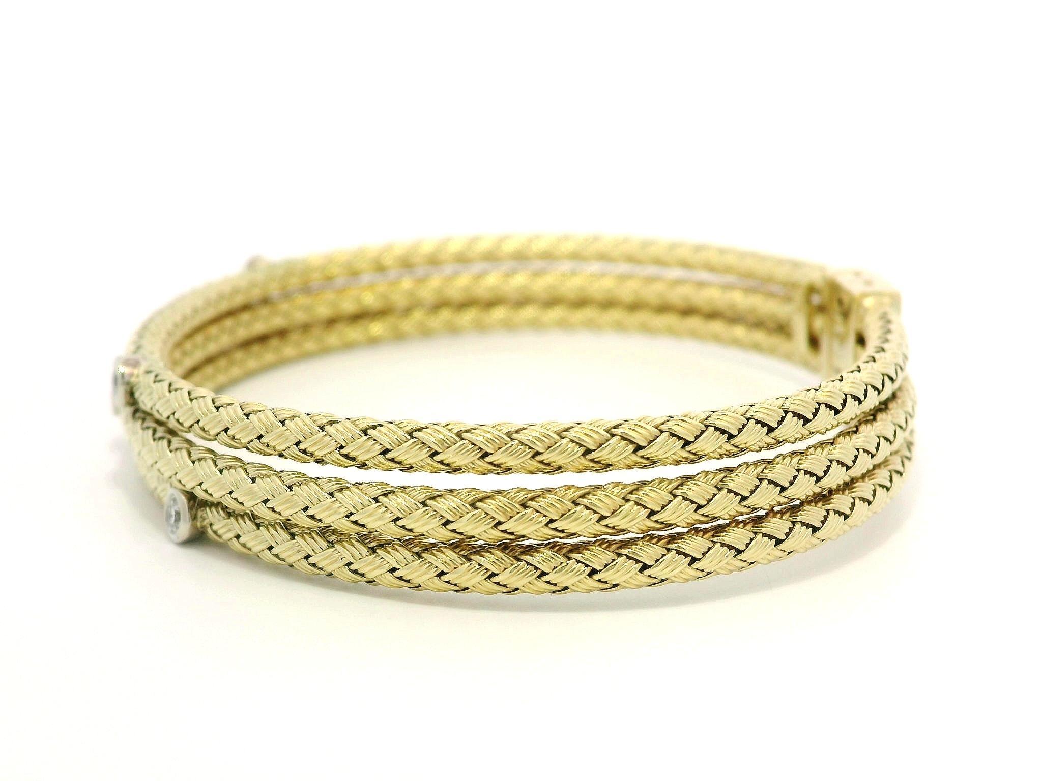 Brilliant Cut 14k TT Gold 3 Stack Weave Woven Basket Bangle Bracelet w/ 0.20ct Bezel Diamond For Sale