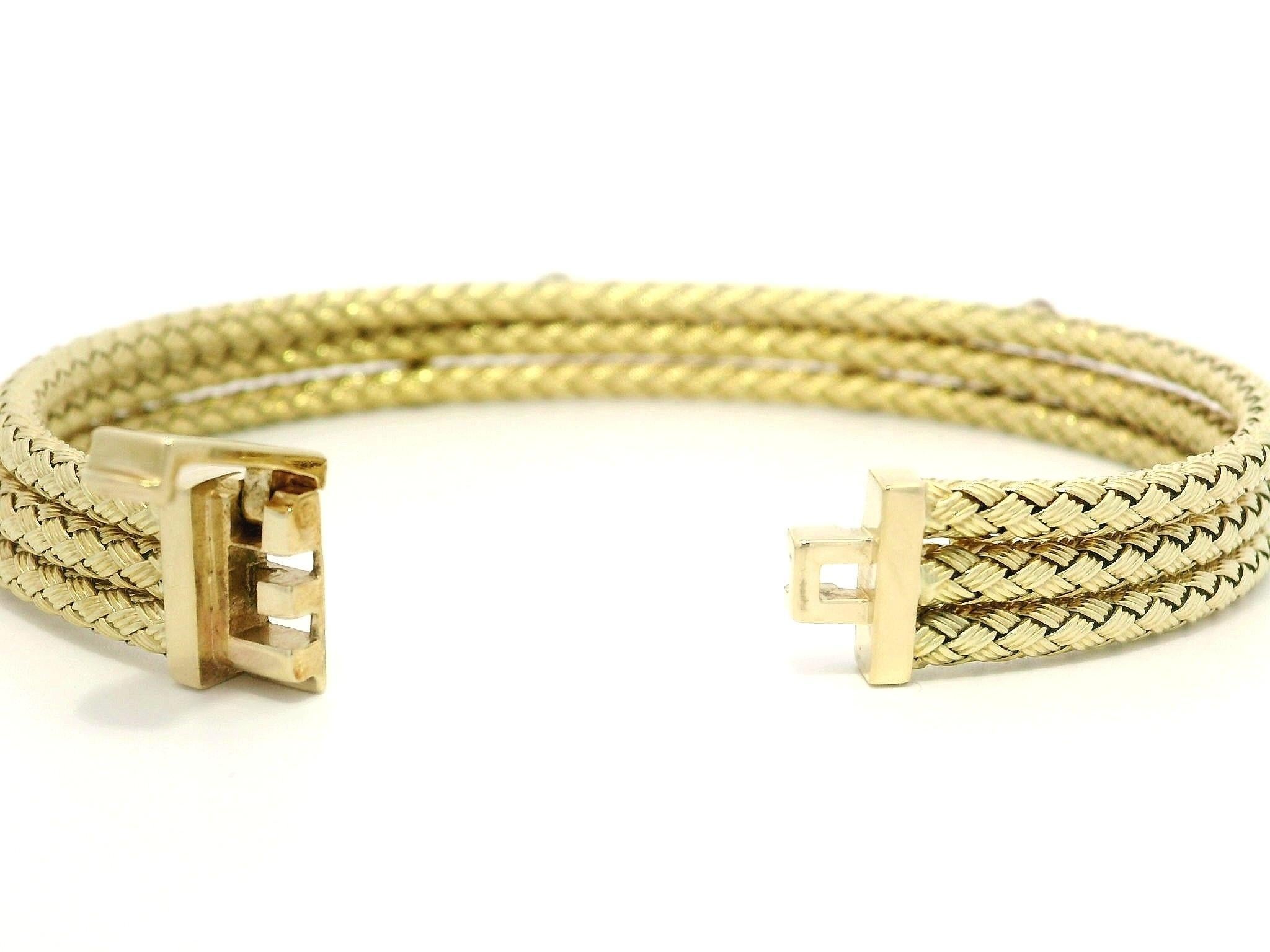 Women's 14k TT Gold 3 Stack Weave Woven Basket Bangle Bracelet w/ 0.20ct Bezel Diamond For Sale