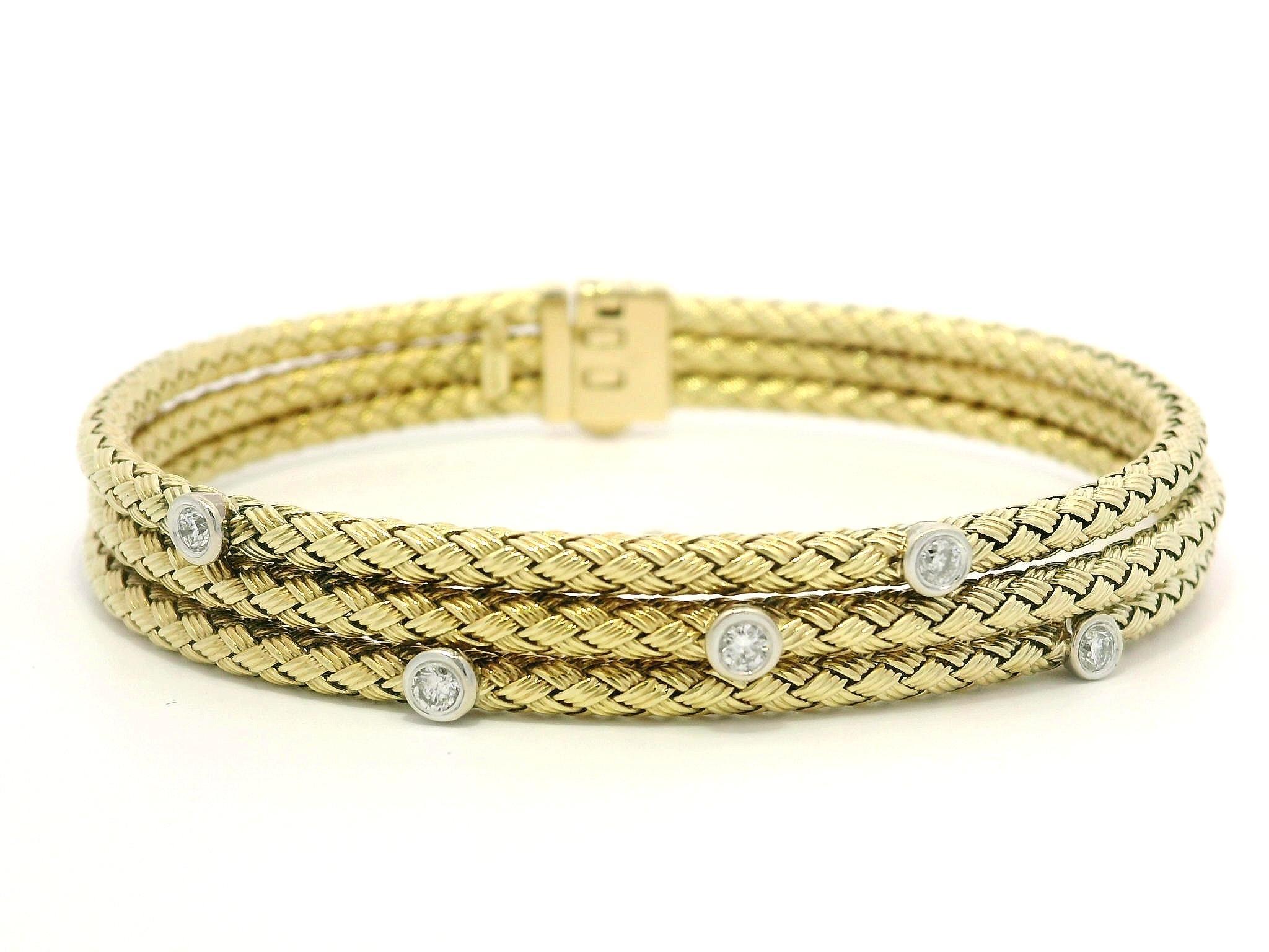 14k TT Gold 3 Stack Weave Woven Basket Bangle Bracelet w/ 0.20ct Bezel Diamond For Sale 1