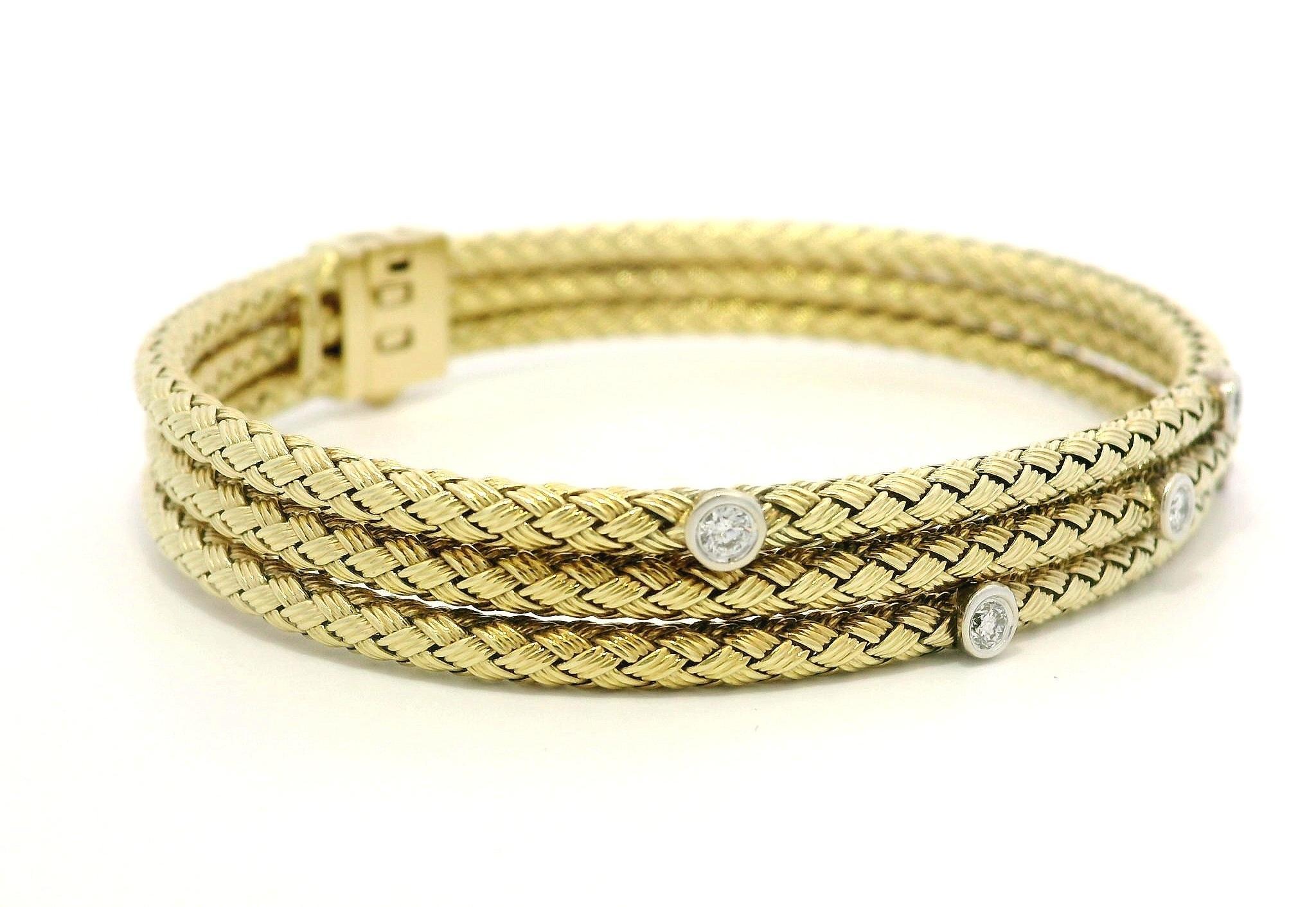 14k TT Gold 3 Stack Weave Woven Basket Bangle Bracelet w/ 0.20ct Bezel Diamond For Sale 2