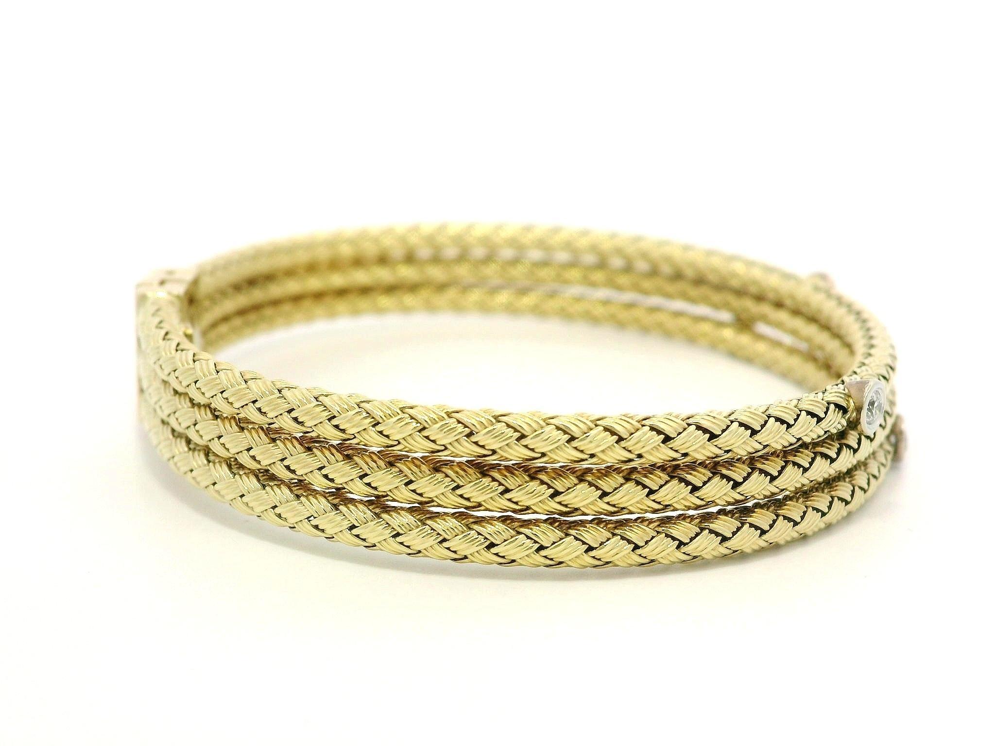 14k TT Gold 3 Stack Weave Woven Basket Bangle Bracelet w/ 0.20ct Bezel Diamond For Sale 3
