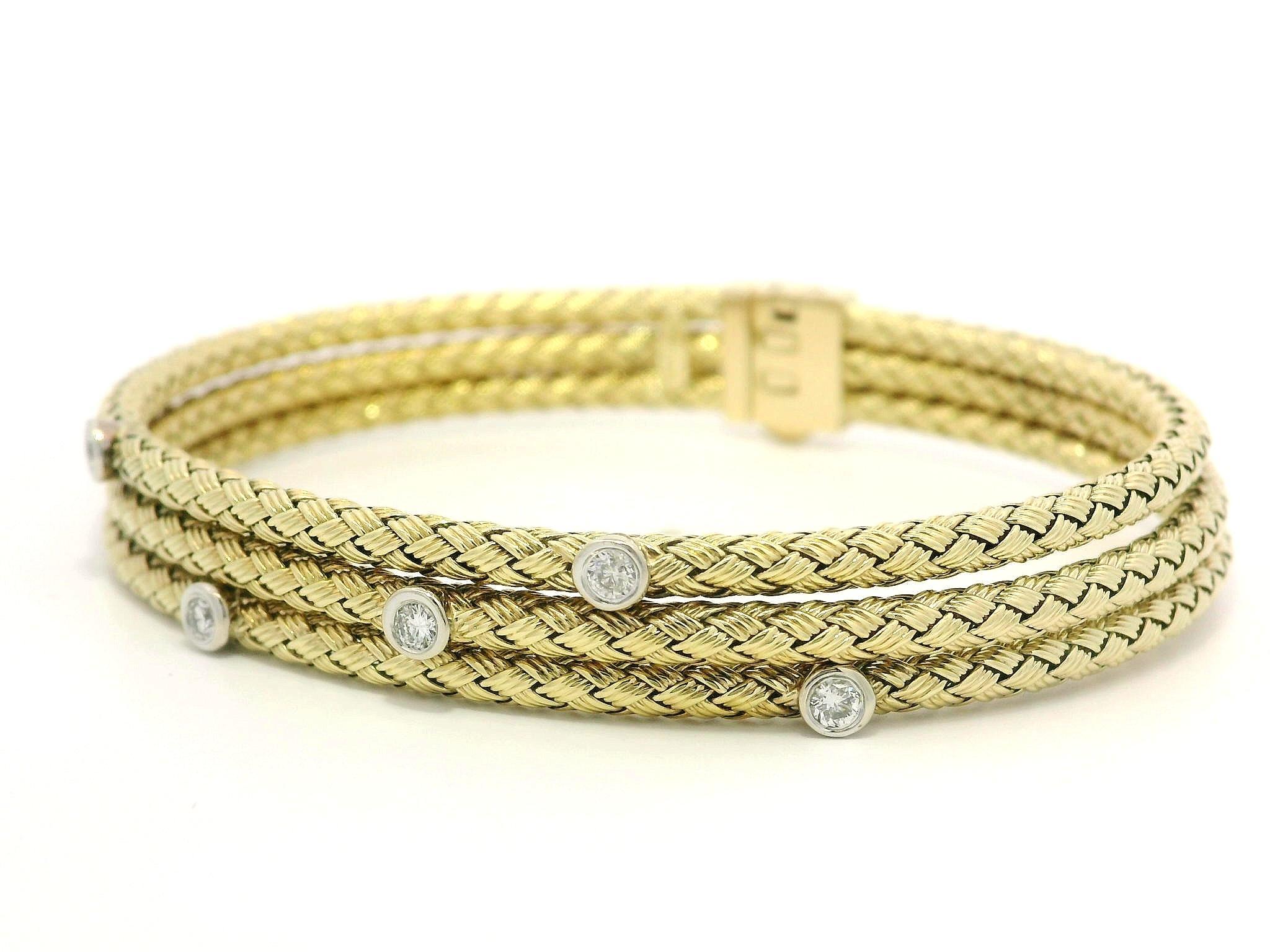 14k TT Gold 3 Stack Weave Woven Basket Bangle Bracelet w/ 0.20ct Bezel Diamond For Sale 4