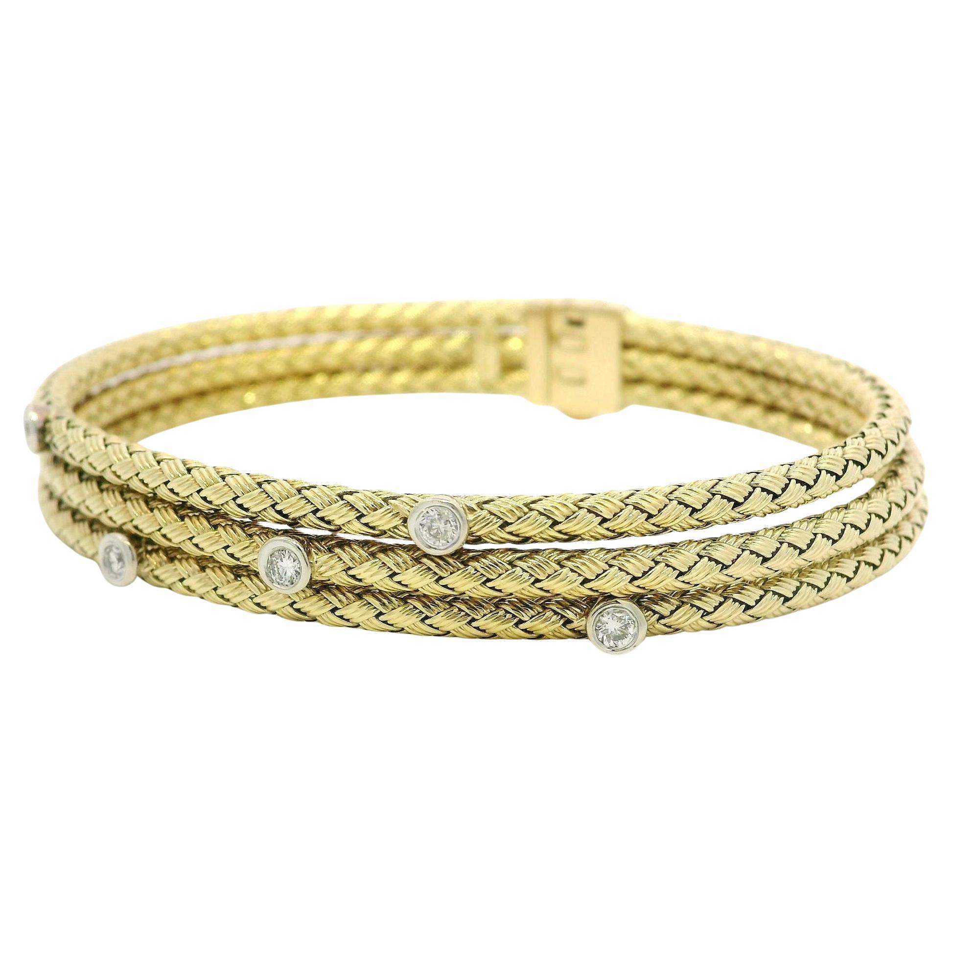 14k TT Gold 3 Stack Weave Woven Basket Bangle Bracelet w/ 0.20ct Bezel Diamond For Sale