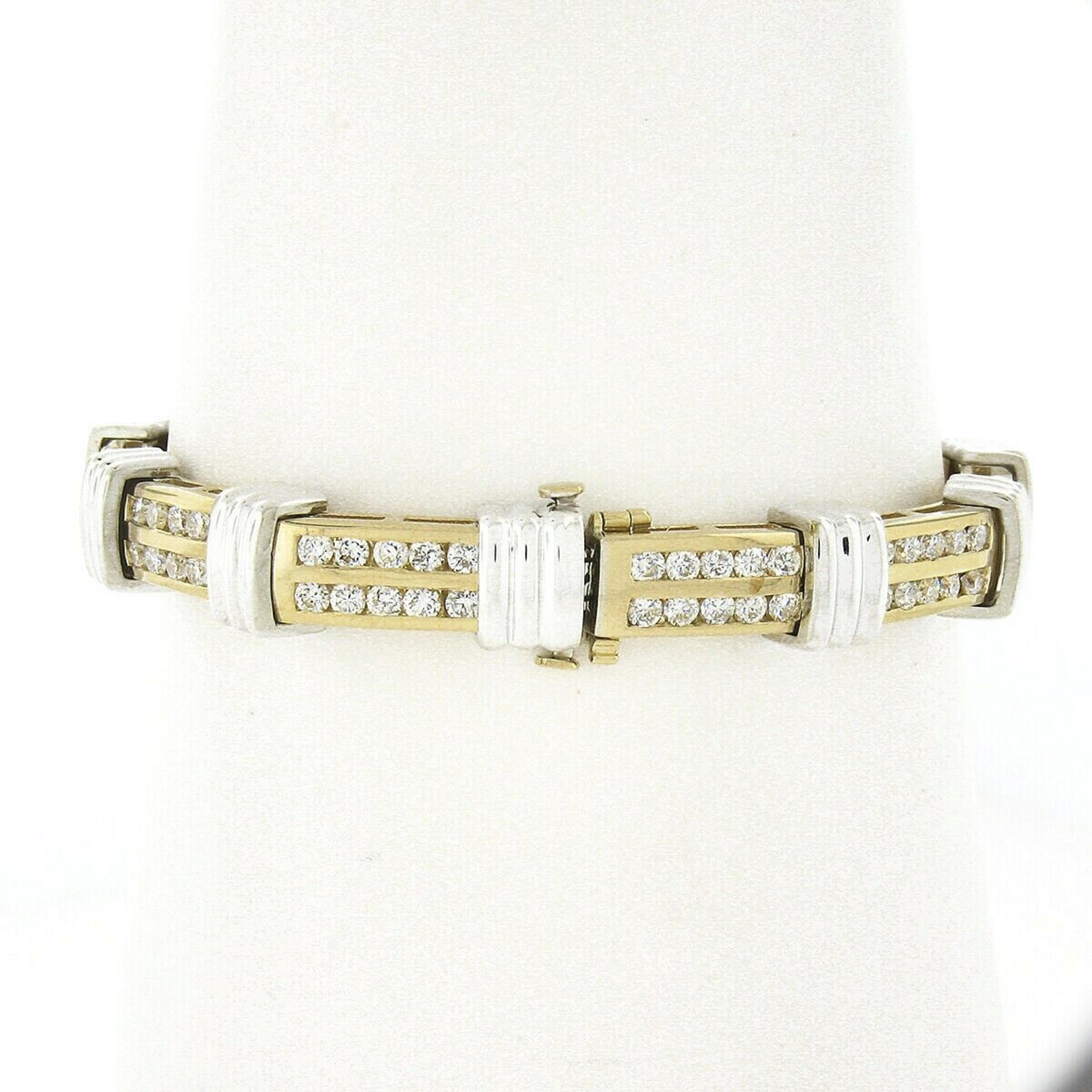 This truly magnificent diamond tennis bracelet is well crafted in solid 14k yellow and white gold. The design alternates with dual diamond channels and plain white gold grooved links that stand out with high polished finish throughout. The diamonds