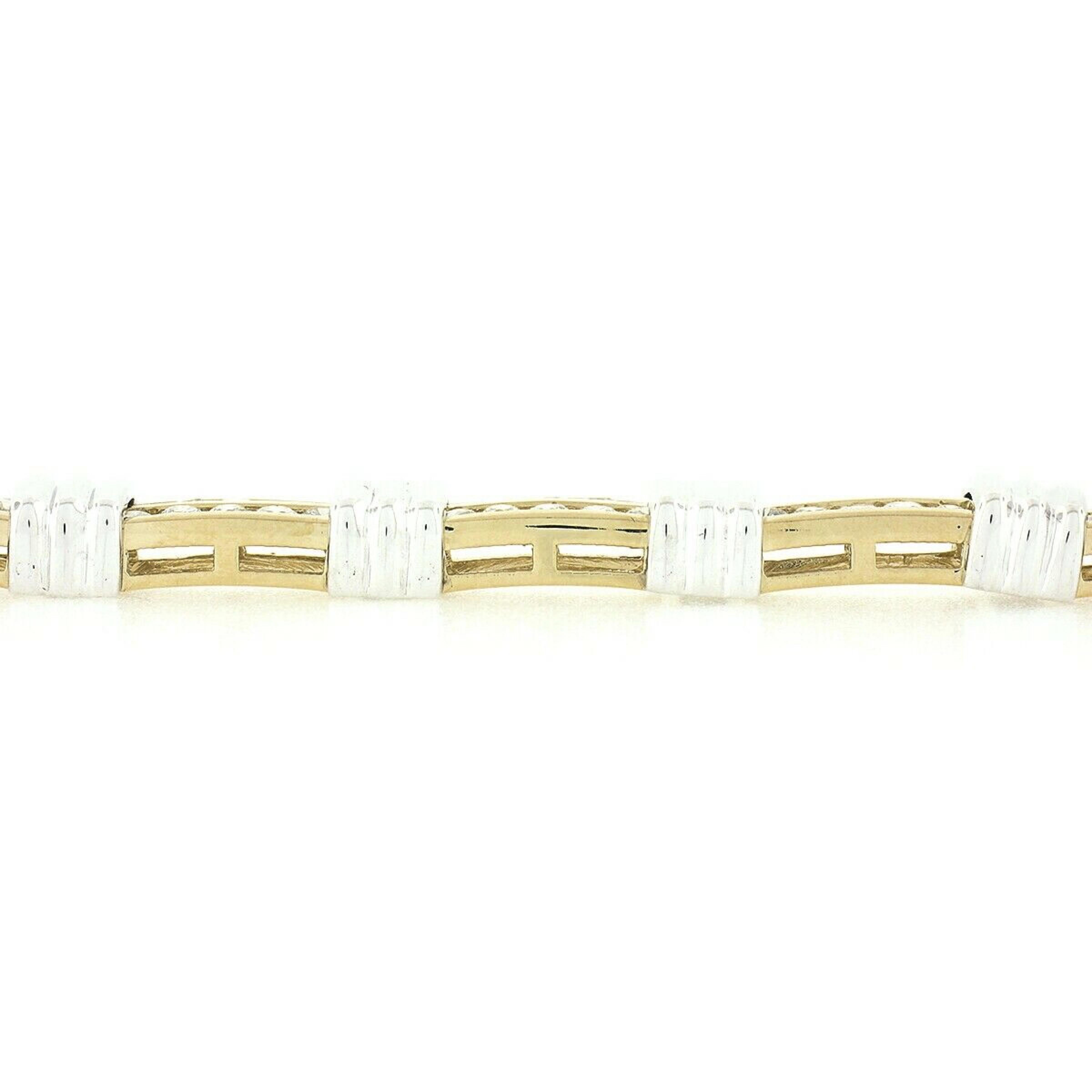 14K TT Gold 3.50ct Round Dual Channel Set Diamond & Grooved Link Tennis Bracelet In New Condition For Sale In Montclair, NJ