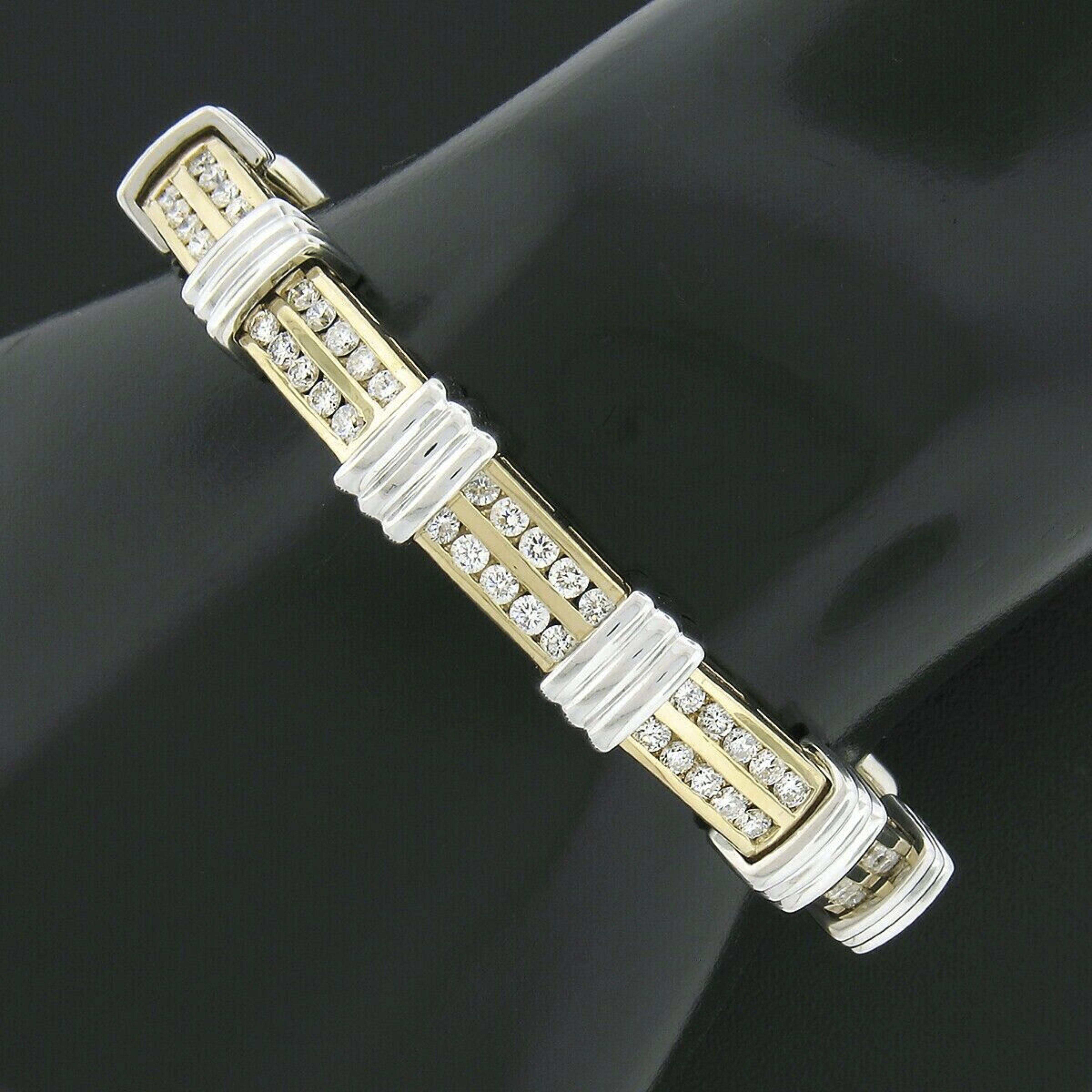 Women's or Men's 14K TT Gold 3.50ct Round Dual Channel Set Diamond & Grooved Link Tennis Bracelet For Sale