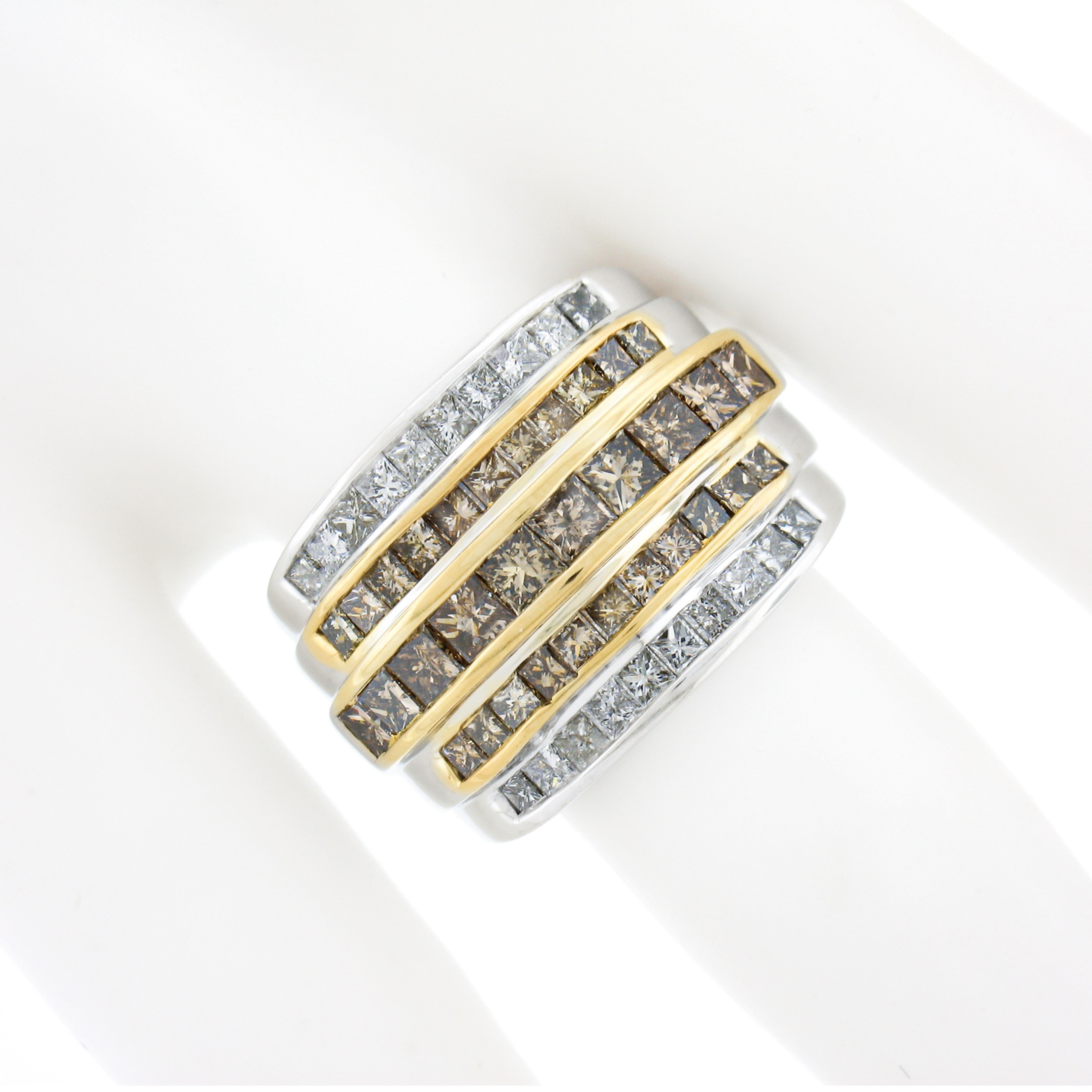 14k TT Gold 3,90 Karat Ausgefallener brauner & weißer Diamant-Ring mit 5 Reihen (Carréschliff) im Angebot