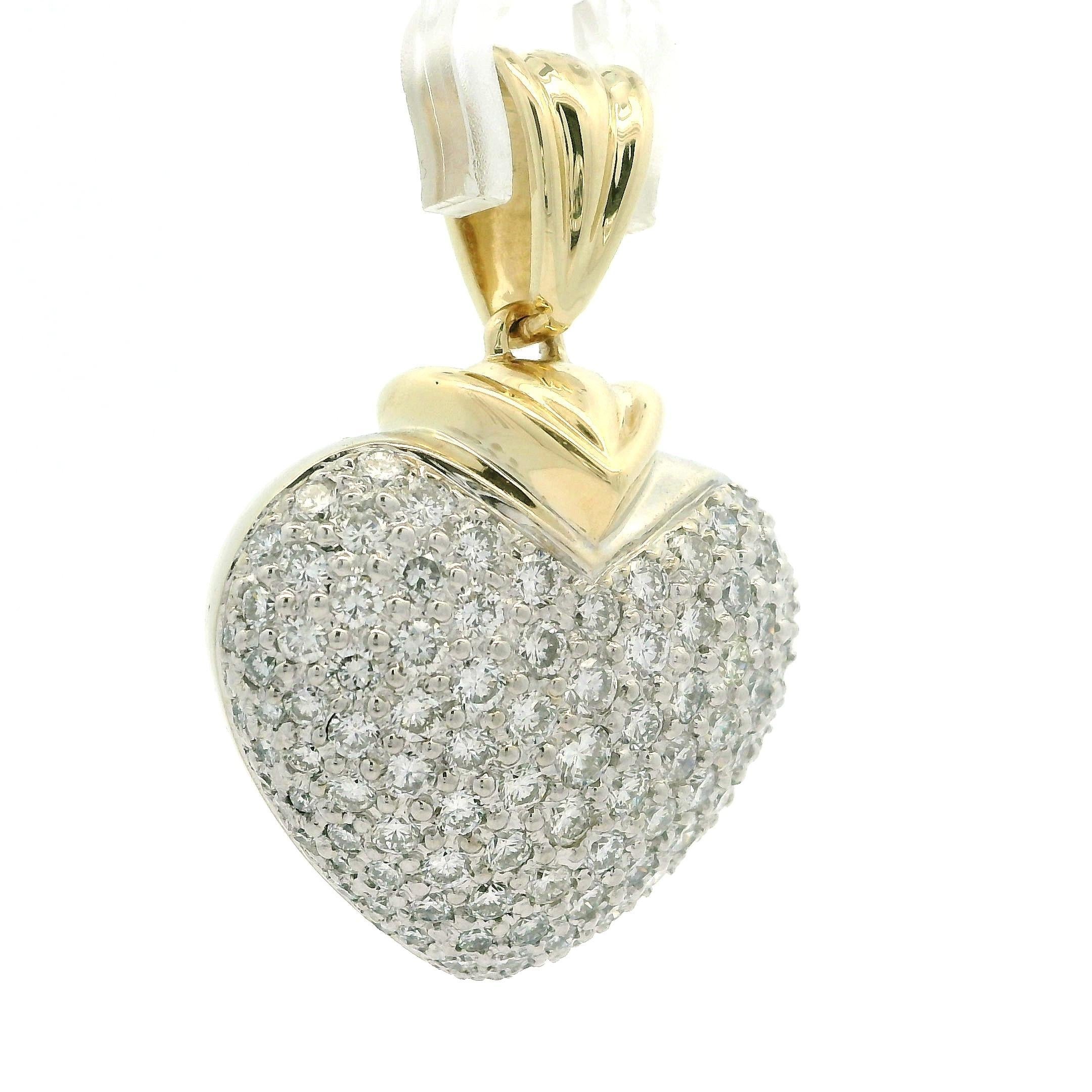 14k TT Gold 3ctw Runde Pave Diamant bedeckt große schwere Puffed Heart Anhänger im Angebot 5