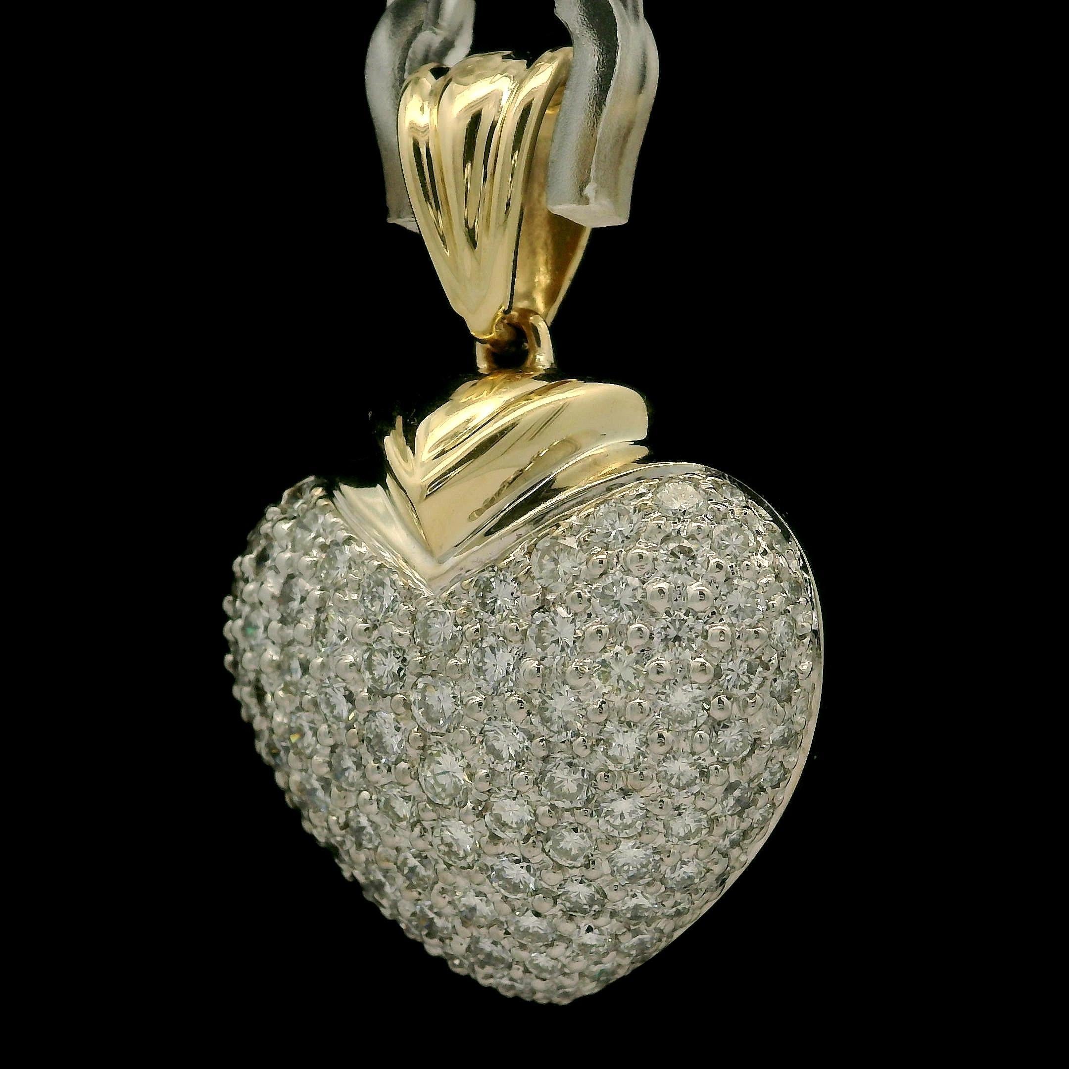 14k TT Gold 3ctw Runde Pave Diamant bedeckt große schwere Puffed Heart Anhänger im Zustand „Hervorragend“ im Angebot in Montclair, NJ
