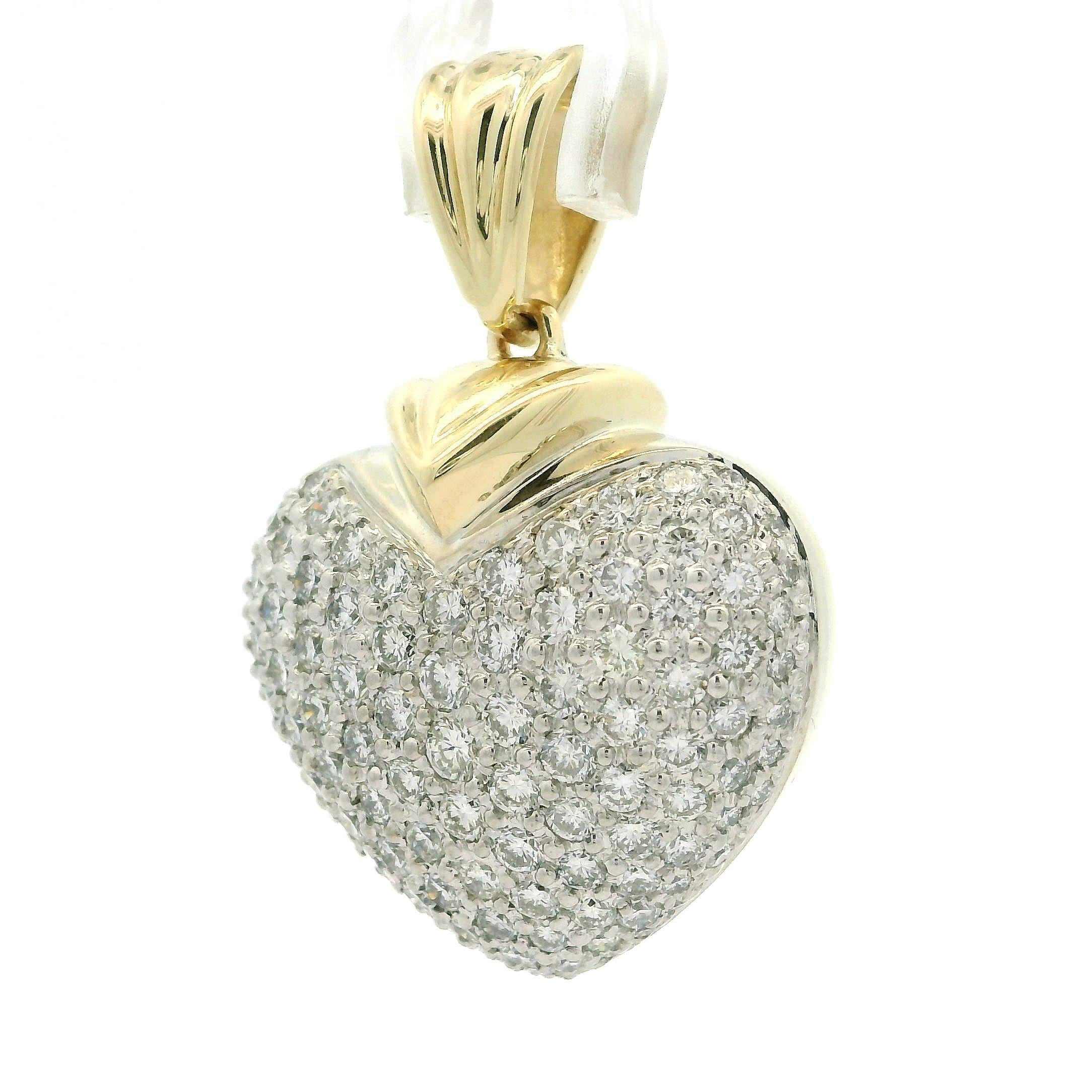 14k TT Gold 3ctw Runde Pave Diamant bedeckt große schwere Puffed Heart Anhänger Damen im Angebot