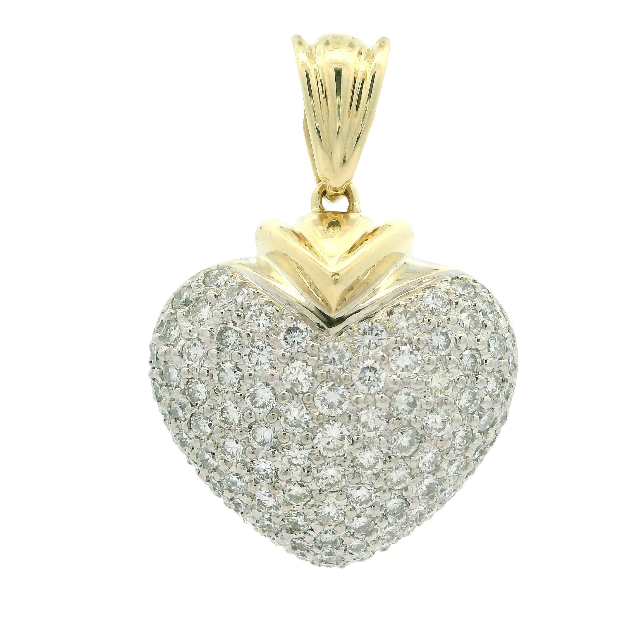 14k TT Gold 3ctw Runde Pave Diamant bedeckt große schwere Puffed Heart Anhänger im Angebot 4