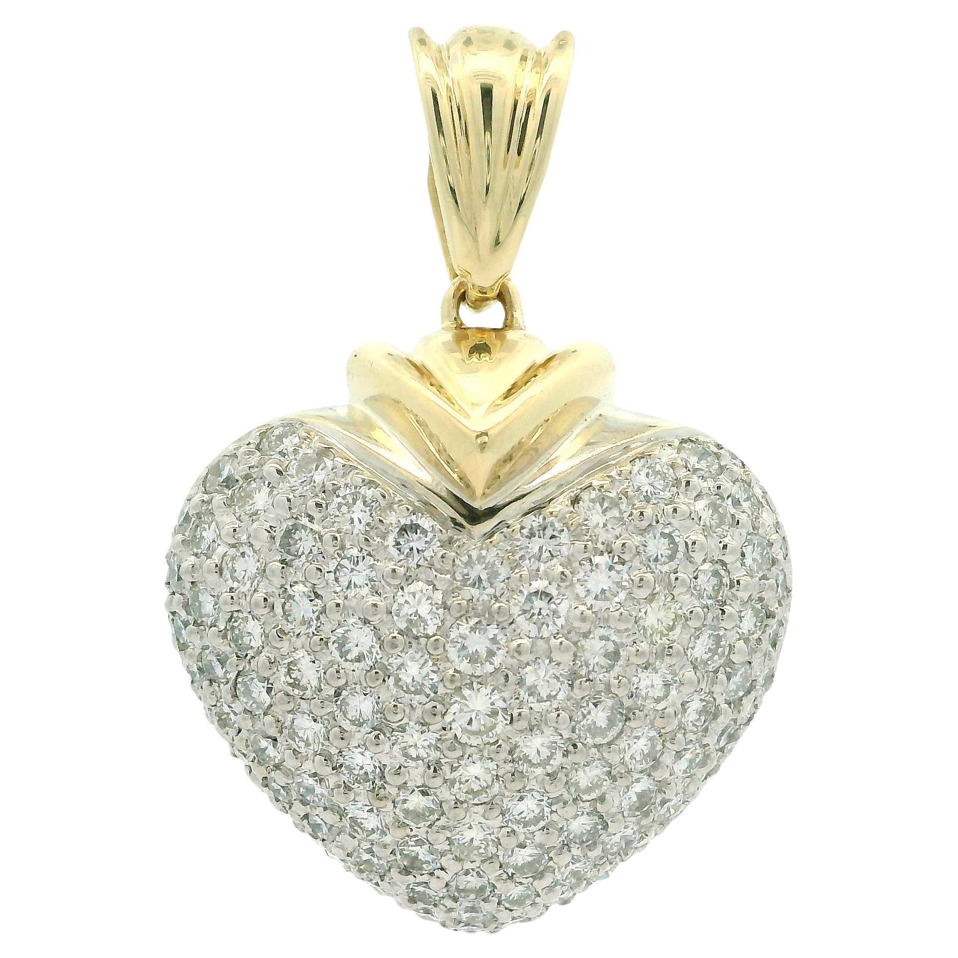 14k TT Gold 3ctw Runde Pave Diamant bedeckt große schwere Puffed Heart Anhänger im Angebot