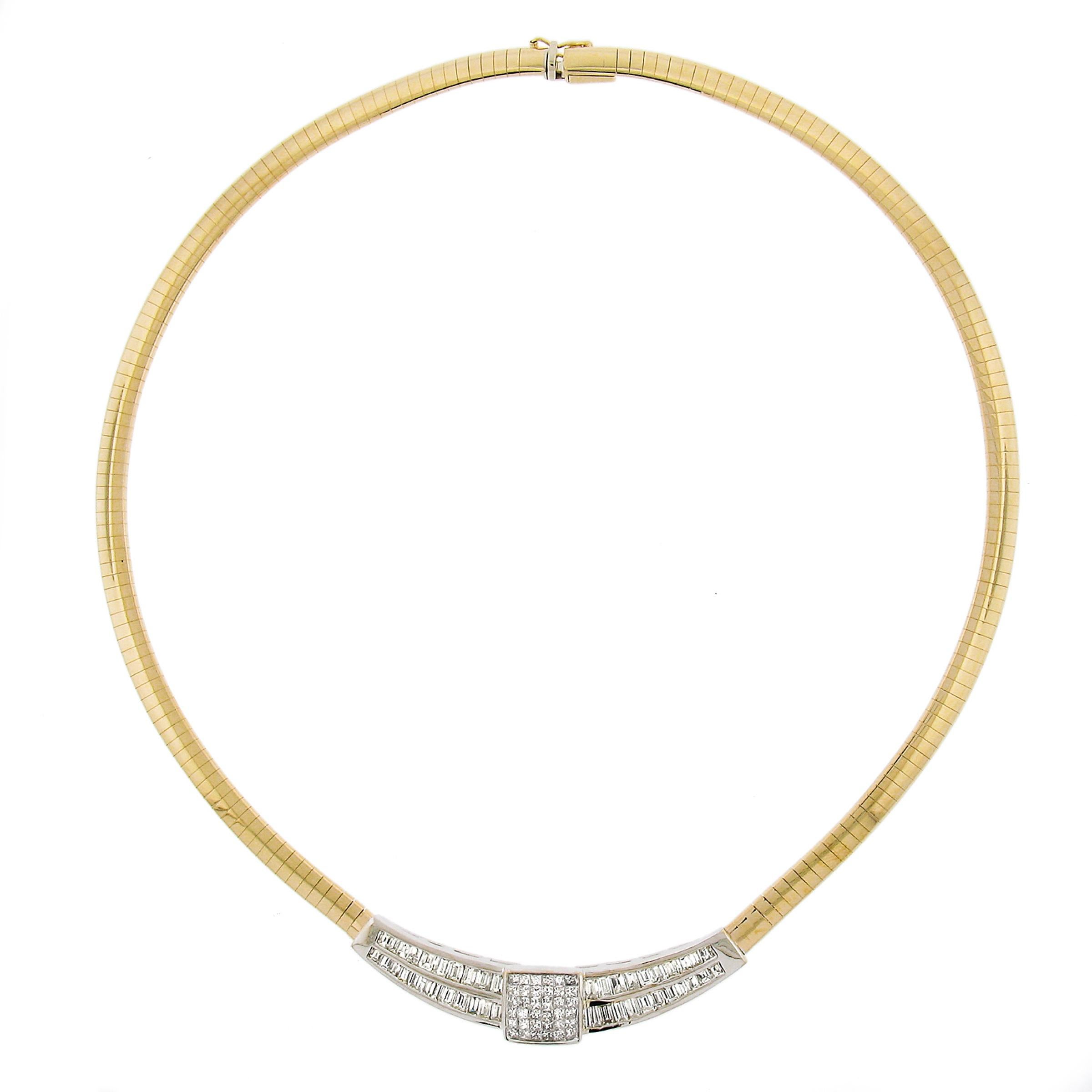 Baguette Cut 14K TT Gold 4ctw Baguette & Princess Diamond Omega Collier Chain Necklace For Sale