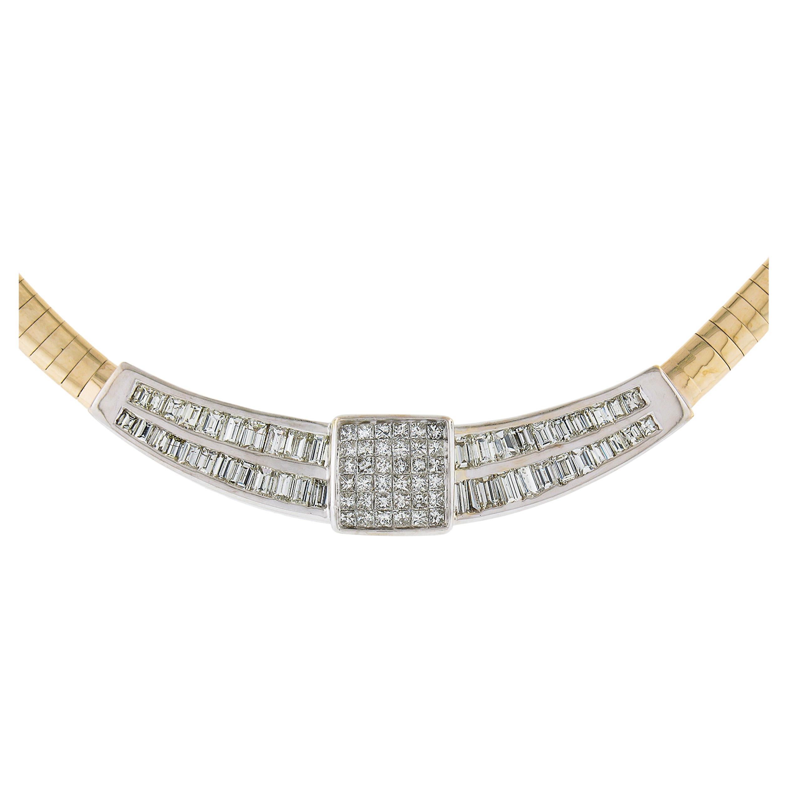 14K TT Gold 4ctw Baguette & Prinzessin Diamant Omega Collier Kette Halskette im Angebot