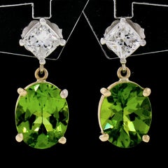 14K TT Gold 5.70ctw Oval Peridot Princess Cut Diamond Dangle Drop Earrings